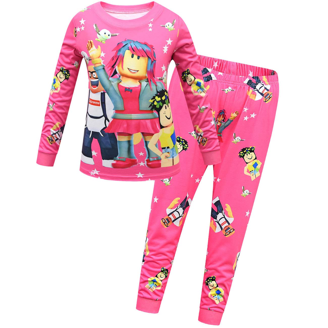 Temolie Roblox Pajama Set for Boys Kids Long Sleeve Game Sleepwear Girls Pink Tops and Pant