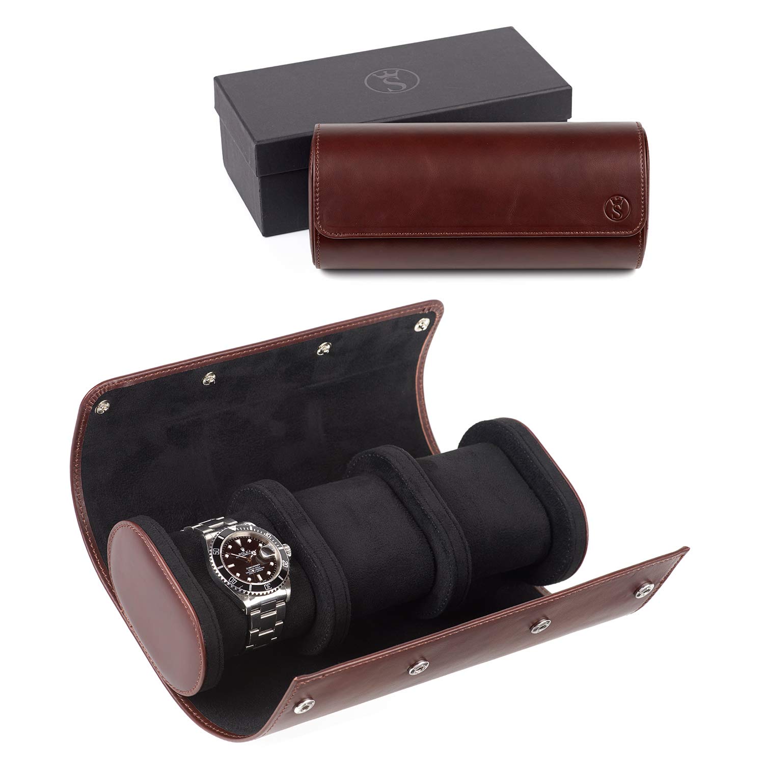 Watch Roll - Genuine Leather - Watch Travel Case - 3 Watch Storage and Organizer – Secure Storage - Removable Cushions - Large Solid Dividers - Flat Base Prevents Rolling