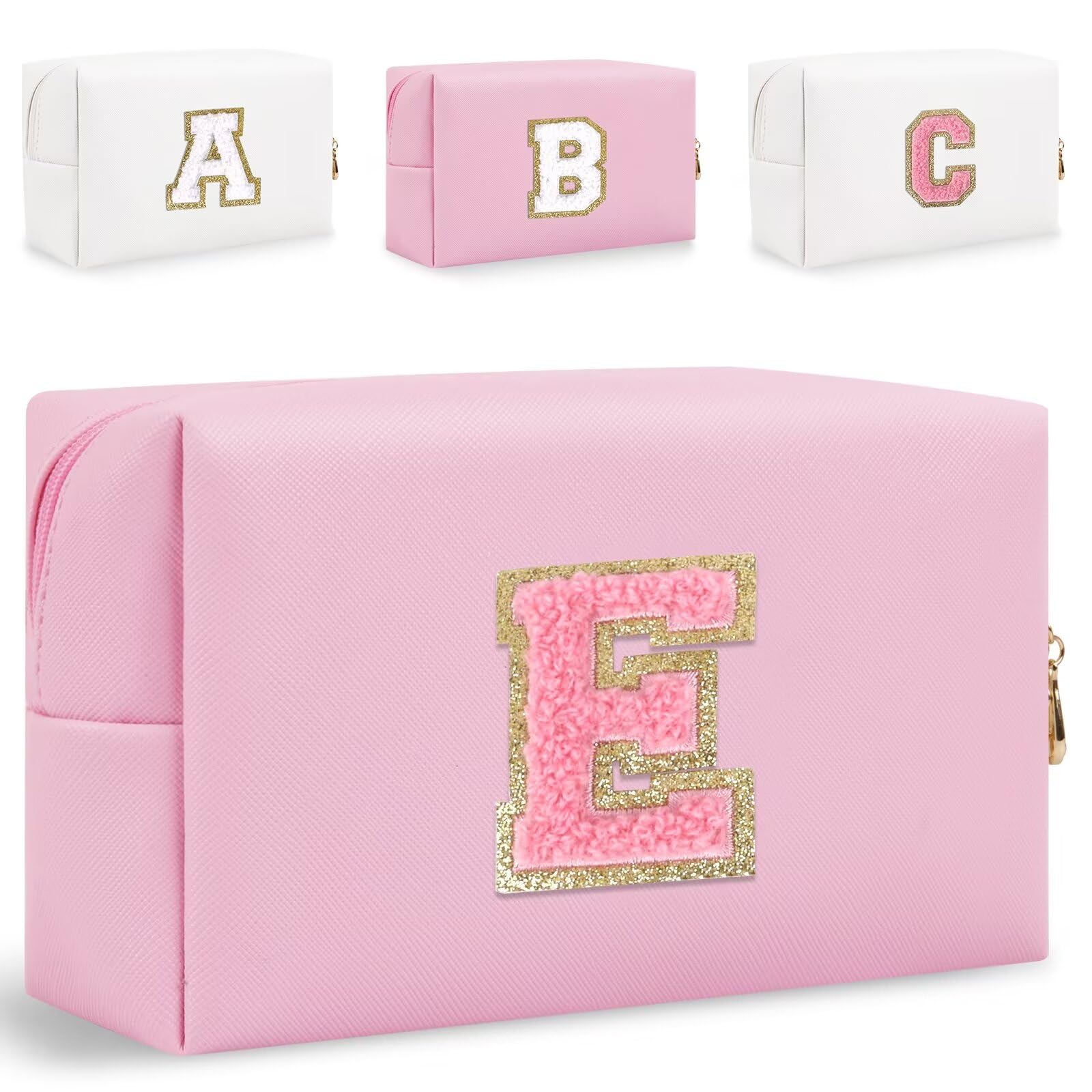 Small Personalized Initial Letter Makeup Bag, Cute Waterproof PU Leather Chenille Letter Cosmetic Bag Travel Makeup Bag, Preppy Makeup Pouch Toiletry Zipper Pouch Organizer for Women and Girls(Pink-E