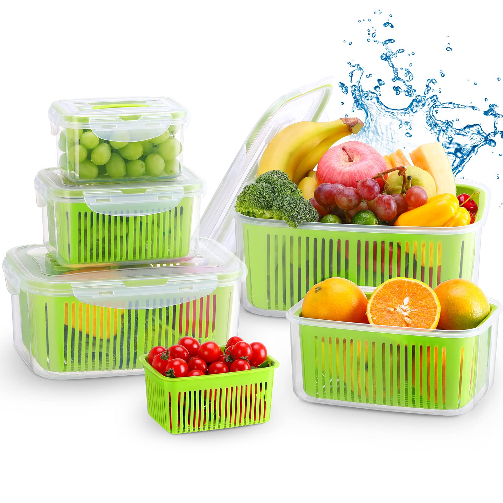 LuxearFruit Vegetable Produce Storage Saver Containers with Lid & Colander 5 Packs BPA-Free Plastic Fresh Keeper Set | Refrigerator Fridge Organizer | for Salad Berry Lettuce Food Celery - Green