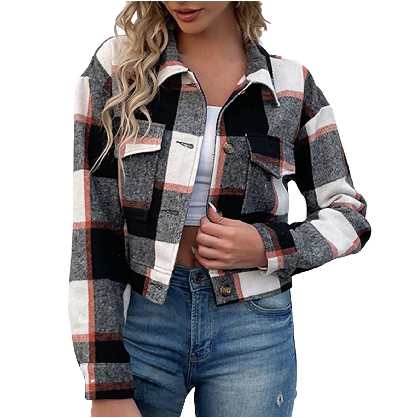 SMIDOWWomen's Flannel Plaid Cropped Shacket Jacket Lapel Button Down Fall Fashion 2023 Woolen Coats Outerwear Casual Jackets