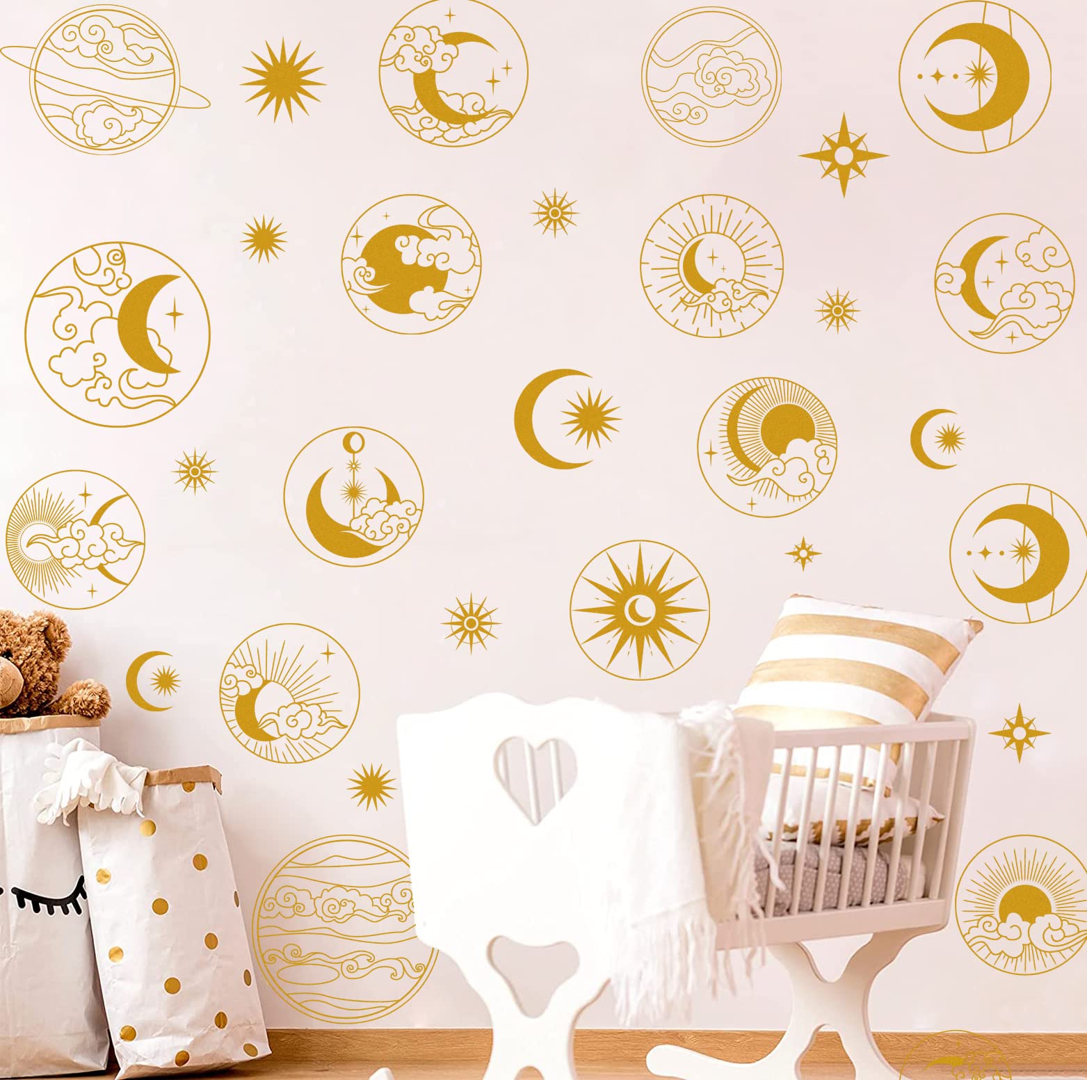 HATARU Gold Polka Dots Wall Decals,Modern Sun Wall Art Stickers Peel and Stick,Nordic Planets Decals Circle Wall Decal Living Room Decor,Cloud Moon Wall Stickers for Bedroom Kids Room Home Decoration