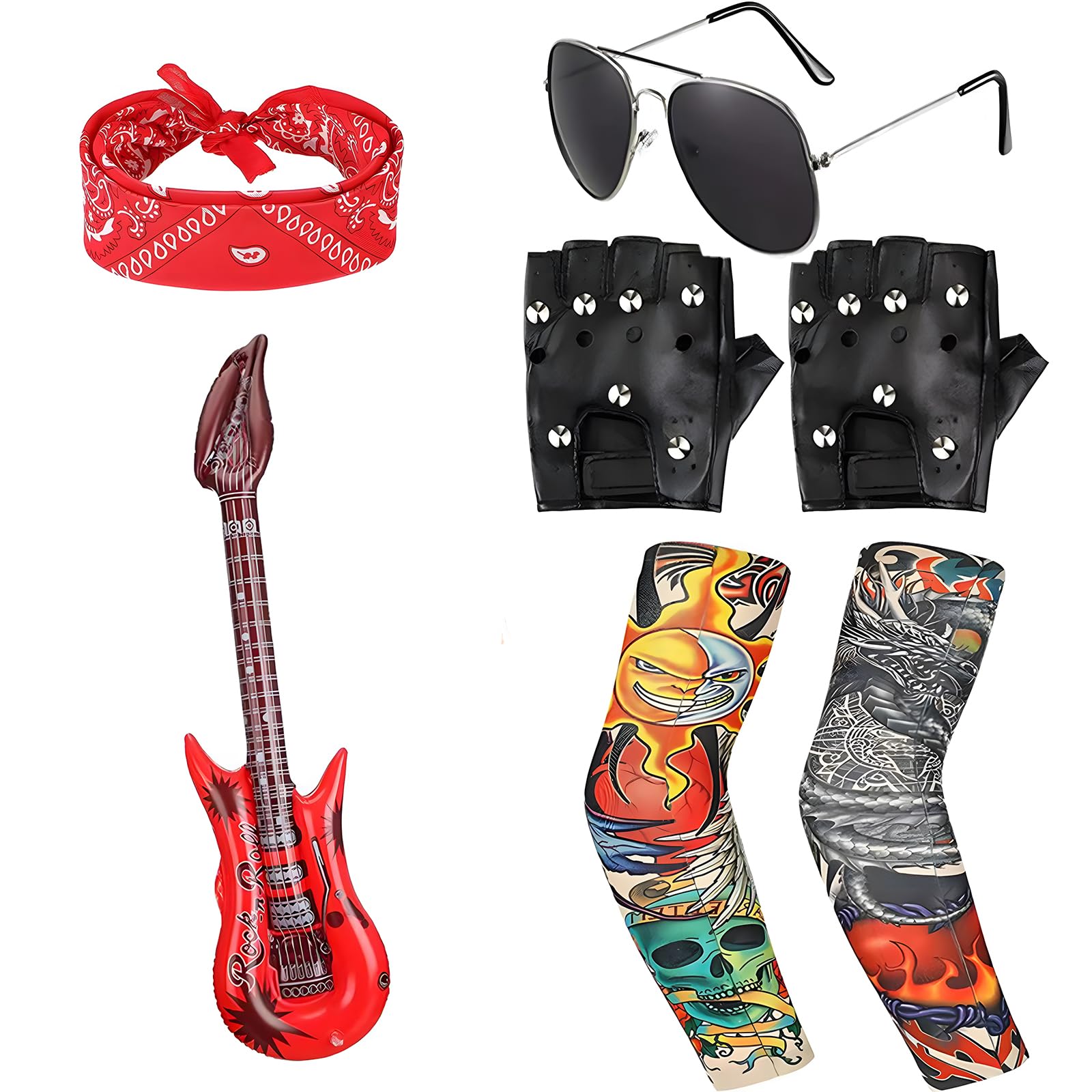 Generic7-Piece Rock Star Heavy Metal Set Includes 1 Fashion Glasses 2 Fashion Sleeves 2 Rock 'n' Roll Gloves 1 Inflatable Guitar 1 Headband Perfect for kids boys and girls create the ultimate rockstar look