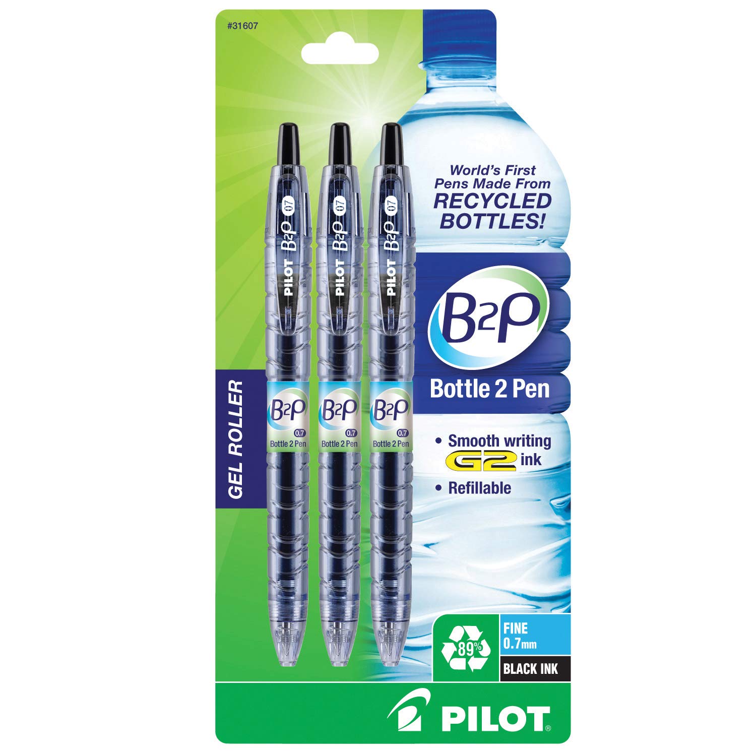 PilotBottle-2-Pen (B2P) Retractable Premium Gel Roller Pens Made from Recycled Bottles (3 Count) Fine Point, Black G2 Gel Ink, Refillable, Comfortable Grip (31607)