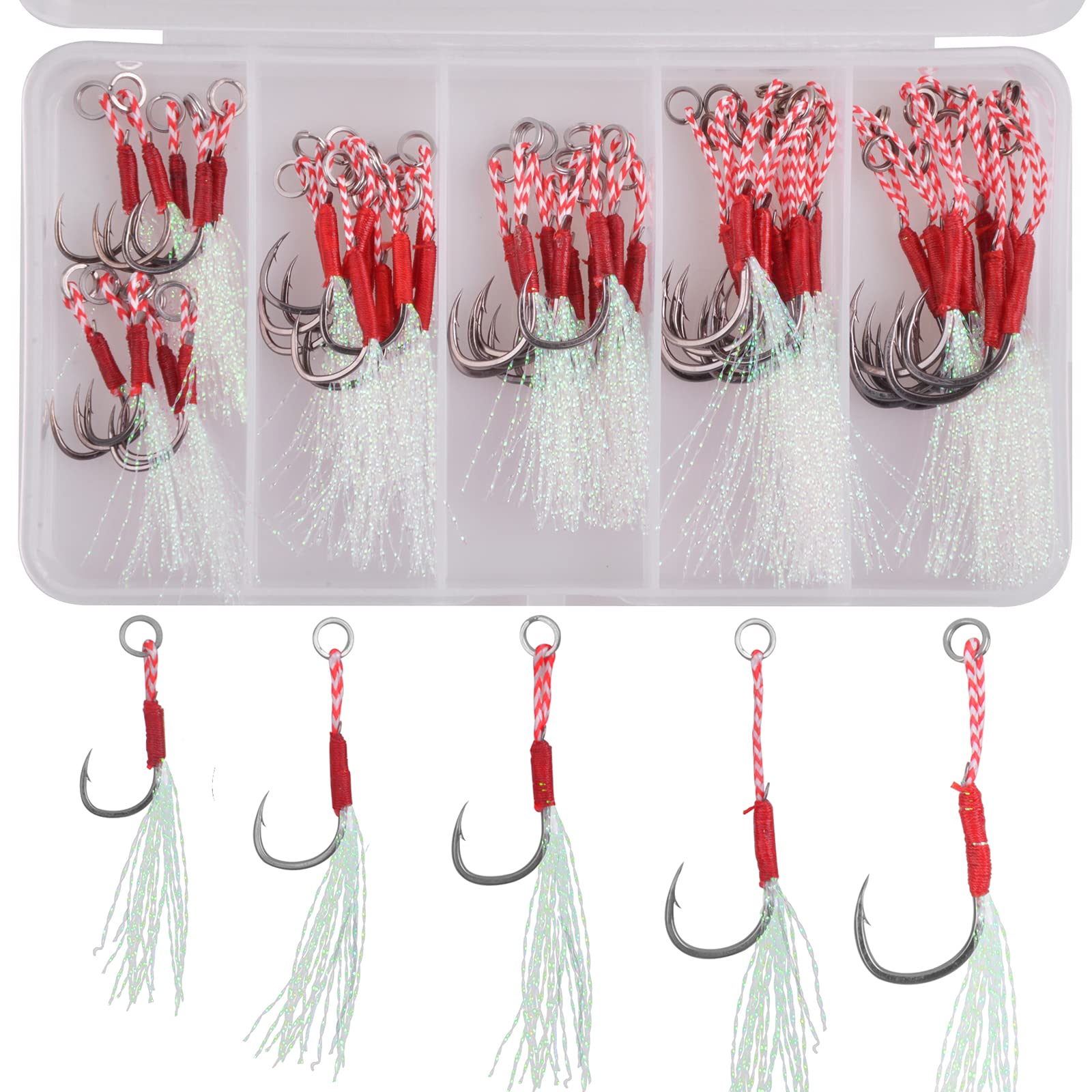 JSHANMEI Fishing Assist Hooks Kit 50pcs Small Size Jig Jigging Hooks Assist Rigs Carbon Steel Circle Hooks Fishing Jigging Lures Hooks