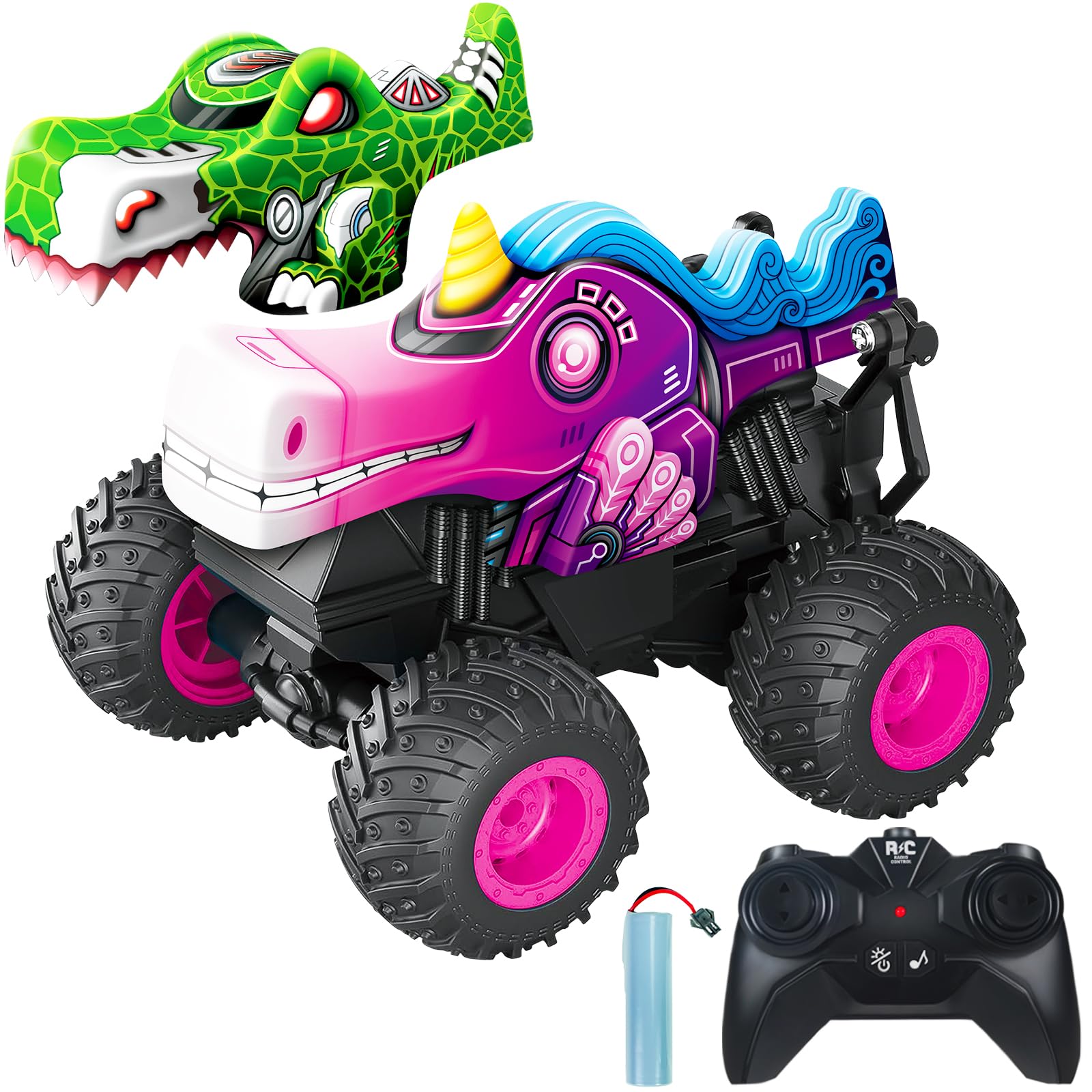 Remote Control Car, 2.4Ghz Unicorn Rc Monster Truck Toys, Rchargeable RC Truck Vehicle with Music, Lighting Effect, 360°Stunts RC Cars Toy Gift for Kids Boys and Girls 3 4 5+ (Dinosaur Shell Include)