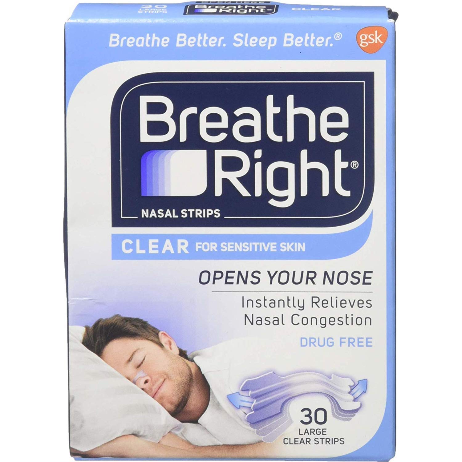 Breathe Right Nasal Strips, Large, Clear, for Sensitive Skin 30 strips Personal Healthcare / Health Care