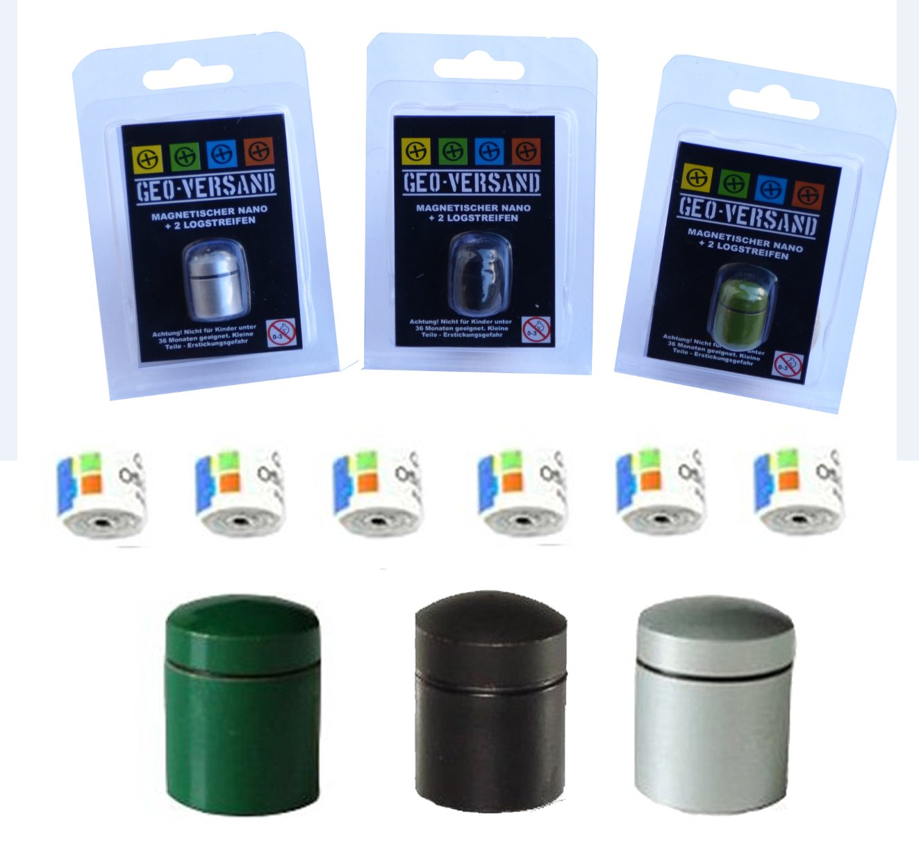 Geo-versand – 3 Magnetic Waterproof Containers for nano Caches with 6 hidden Geocaching log strips - Colour: Silver, Green, Black