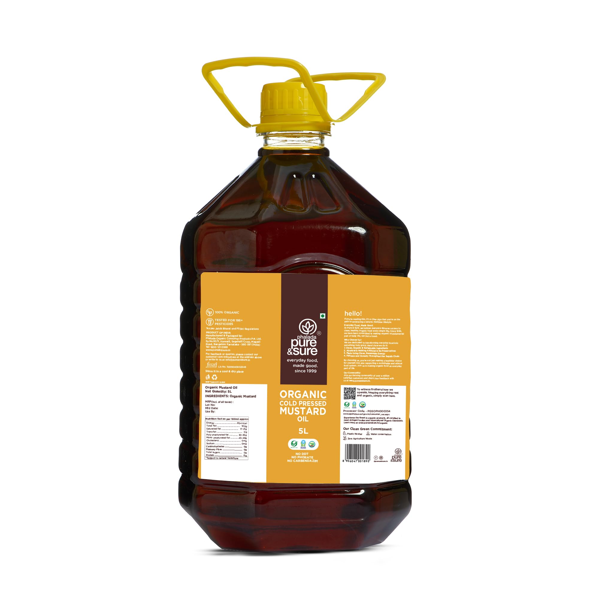 Pure & Sure Organic Mustard (Kachi Ghani) Oil 5 Litre | Cold Pressed & 100% Natural Sarso Tel for Cooking, Hair Care & Skin Care | Rich Flavour and Nutrients | Cholesterol Free