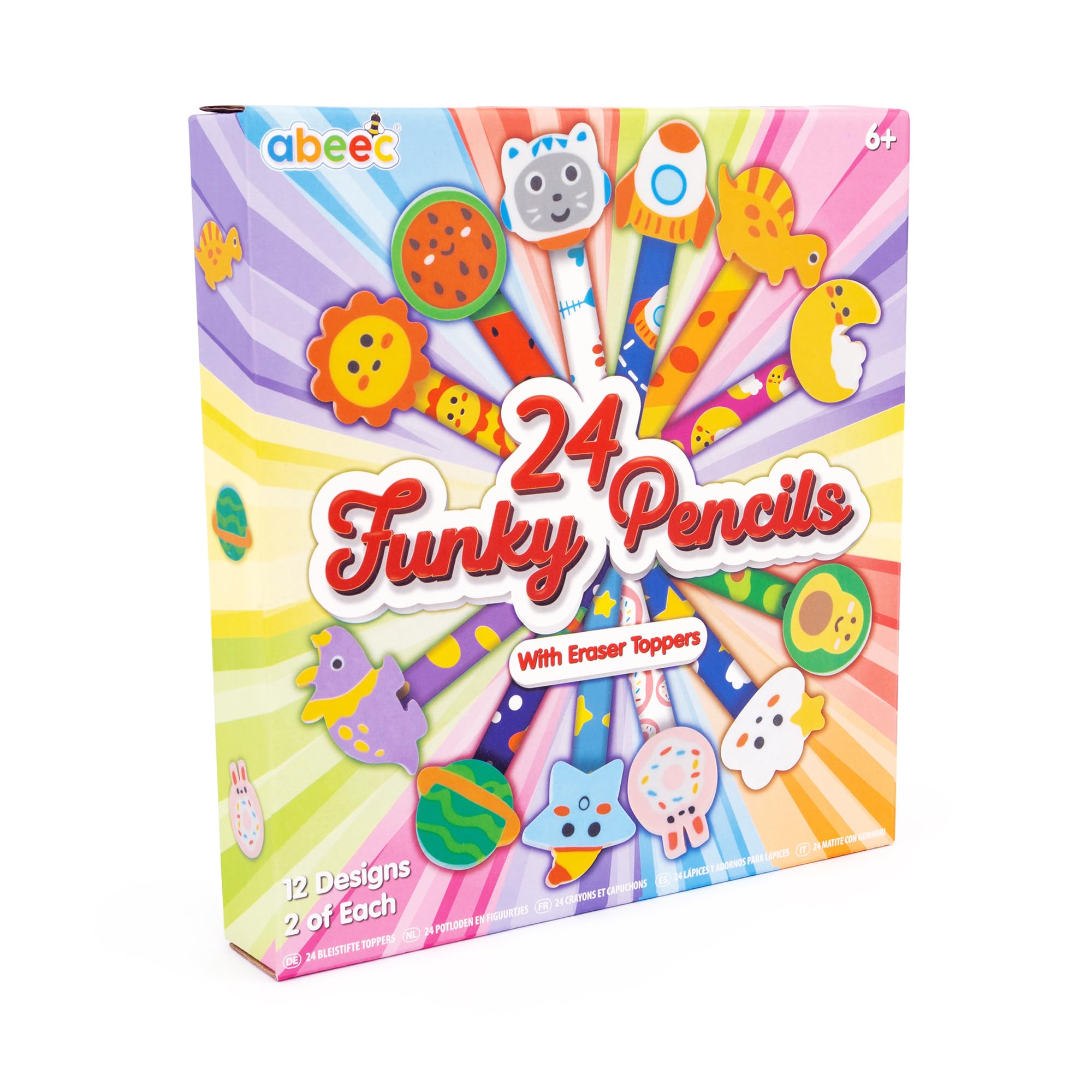 abeec 24 Funky Pencils With Rubbers - Funky Pencils For Kids, Party Bag Fillers, Stocking Fillers Kids, Class Gifts And Kids Party Favours. Funky Stationery, Pencil Eraser Set For Children