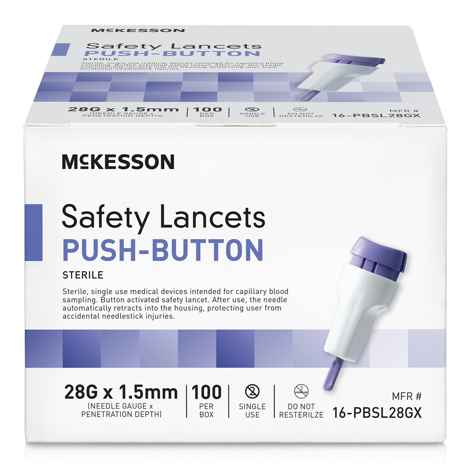 McKesson Lancets for Diabetes Testing [100 Count] Lancing Device for Blood and Glucose Test, 28G x 1.5 mm, Push Button Activation, Sterile, Single Use