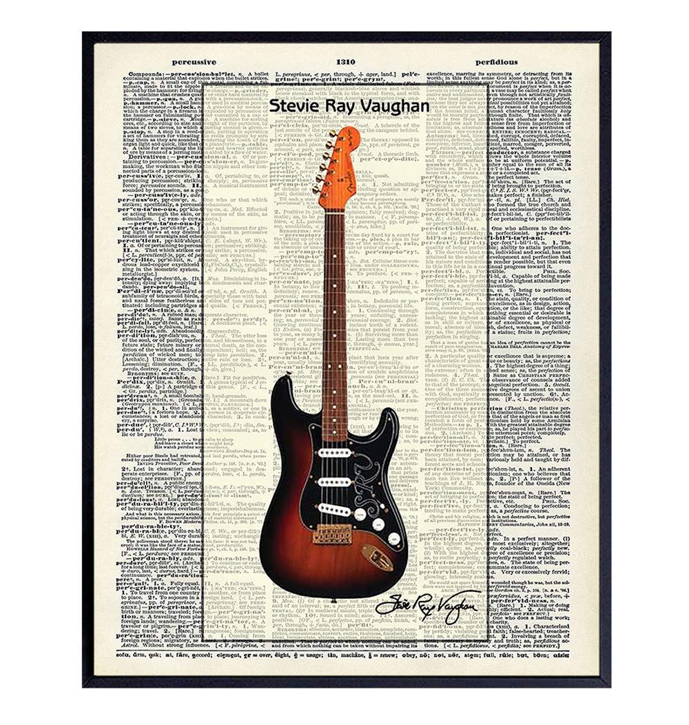 Stevie Ray Vaughan Guitar - Wall Art Print on Dictionary Photo - Ready to Frame (8x10) Vintage Photo - Great Gift for 80s Music and Rock n Roll Fans - Cool Steampunk Home Decor