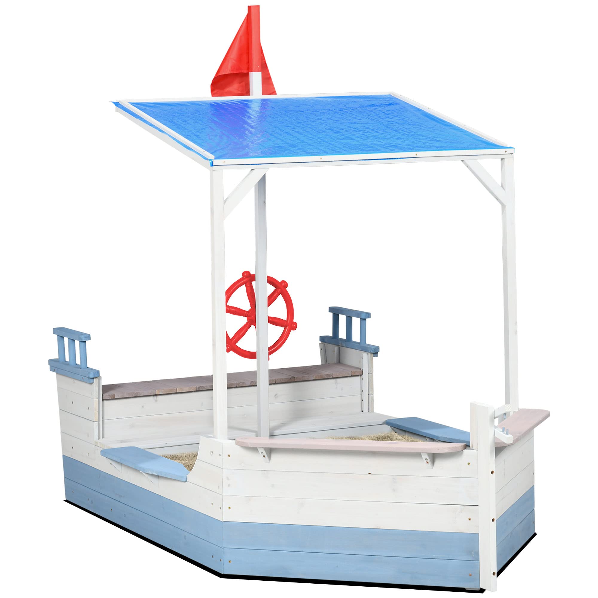 Outsunny Kids Sand Pit Children Sandpit Wooden Boat Design w/UV Protection Canopy, Bench Seats, for Ages 3-8 Years - Blue