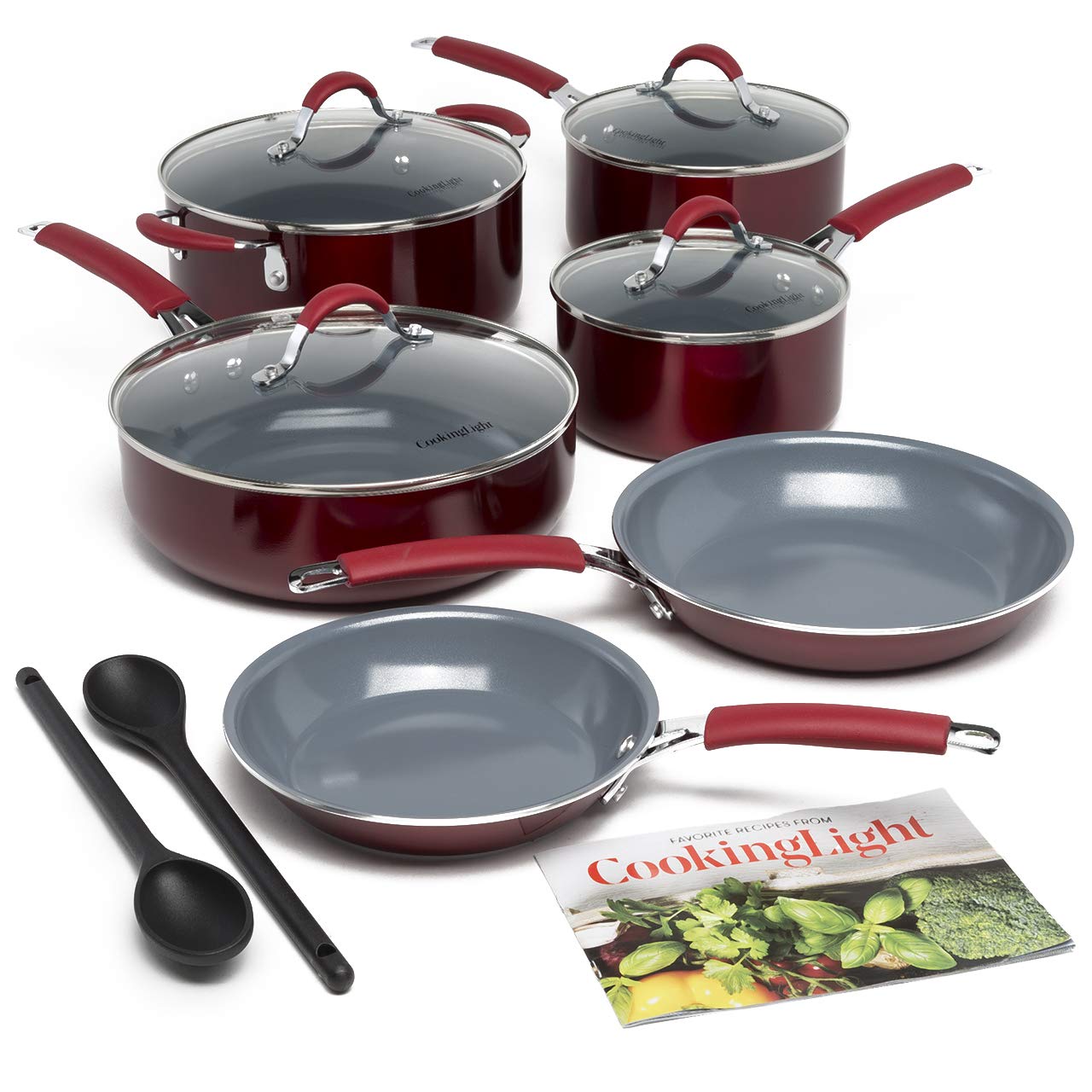 Cooking Light Allure Non-Stick Ceramic Cookware with Silicone Stay Cool Handle, 12 Piece Set, Red