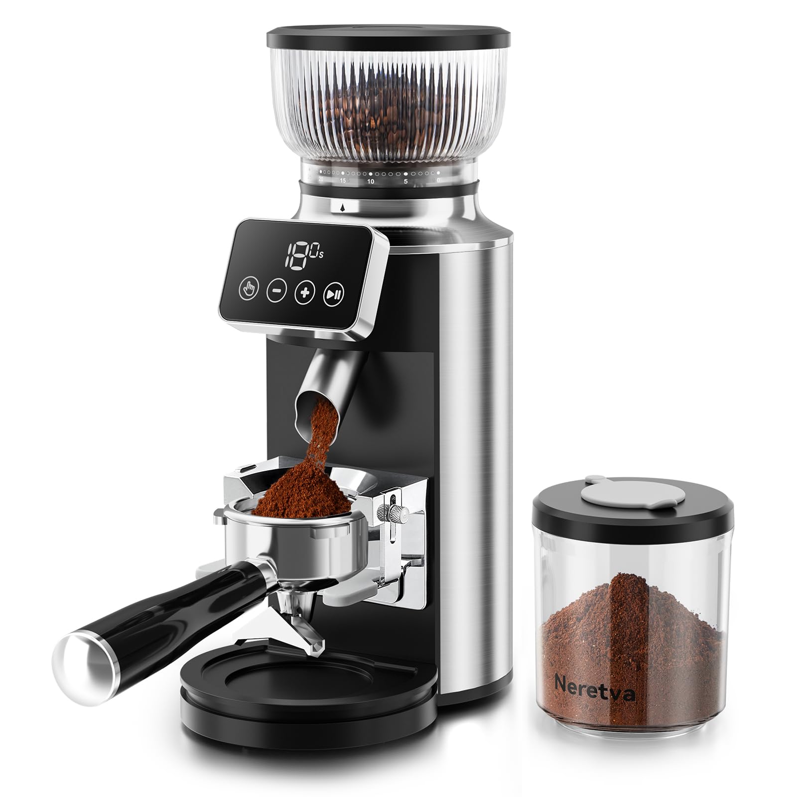 Neretva Burr Coffee Grinder Electric, 2 in 1 Stainless Steel Coffee Grinder Burr with Portafilter Cradle Coffee Bean Grinder 30 Precise Setting&LED Control Panel for Espresso/Mocca/Siphon/French Press