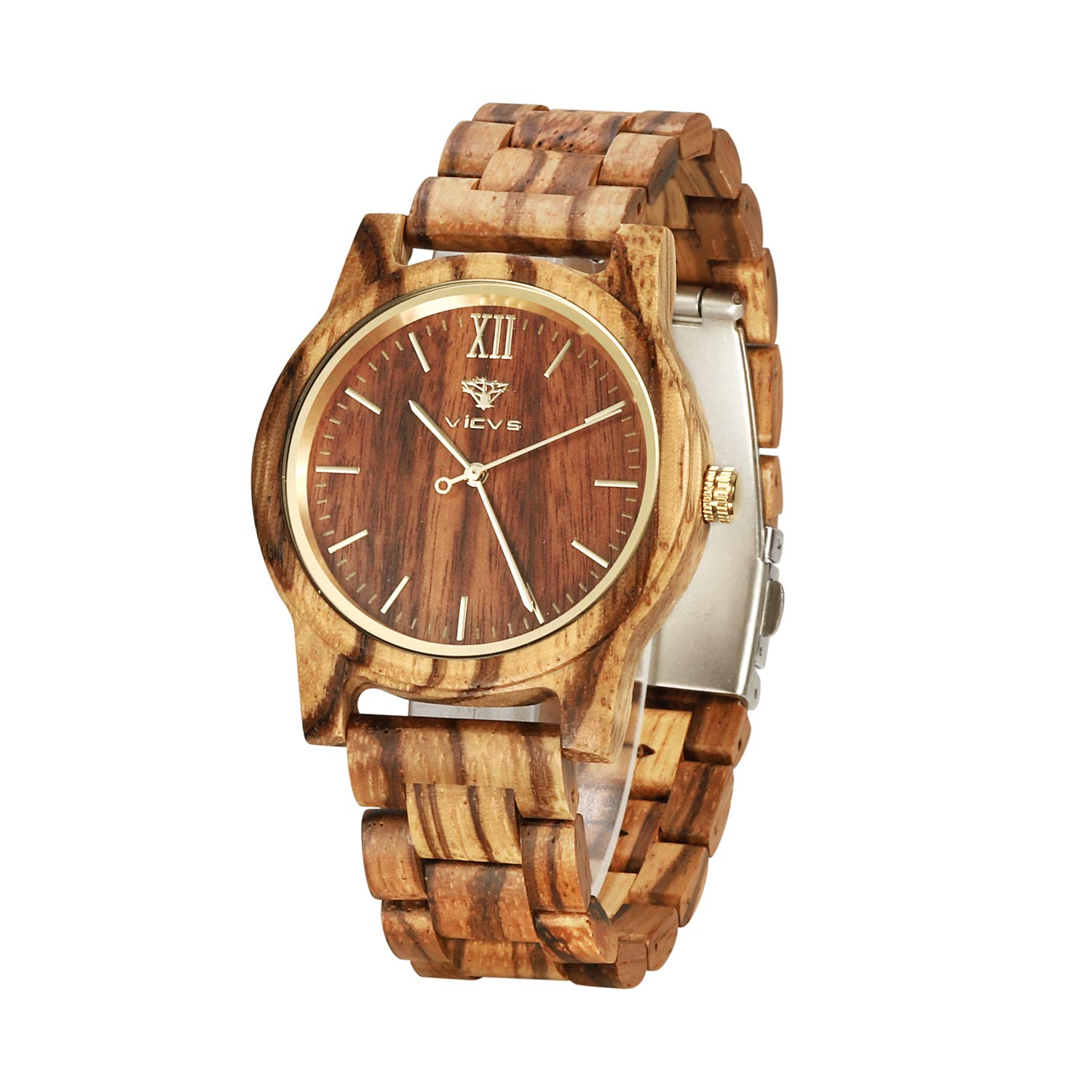 VICVSWooden Watches for Men and Women, Natural Walnut/Olive Wood Japanese Quartz Chronograph, Adjustable Strap, Military Sports and Leisure (Zebra)