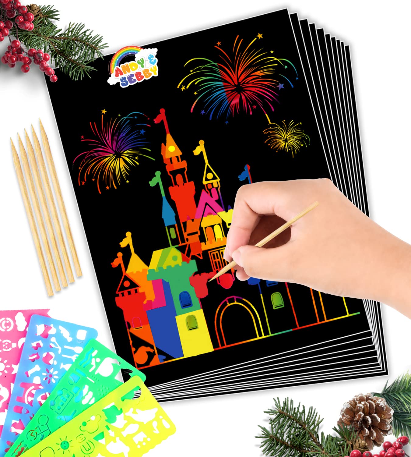 Andy&Sebby Rainbow Scratch Art for Kids 61 PCS Kids Arts & Crafts, Crafts for Kids Activities, Drawing kit for Kids Ages 4-8, Rainbow Scratch Paper, Black Scratch Off Art Paper for Kid Craft