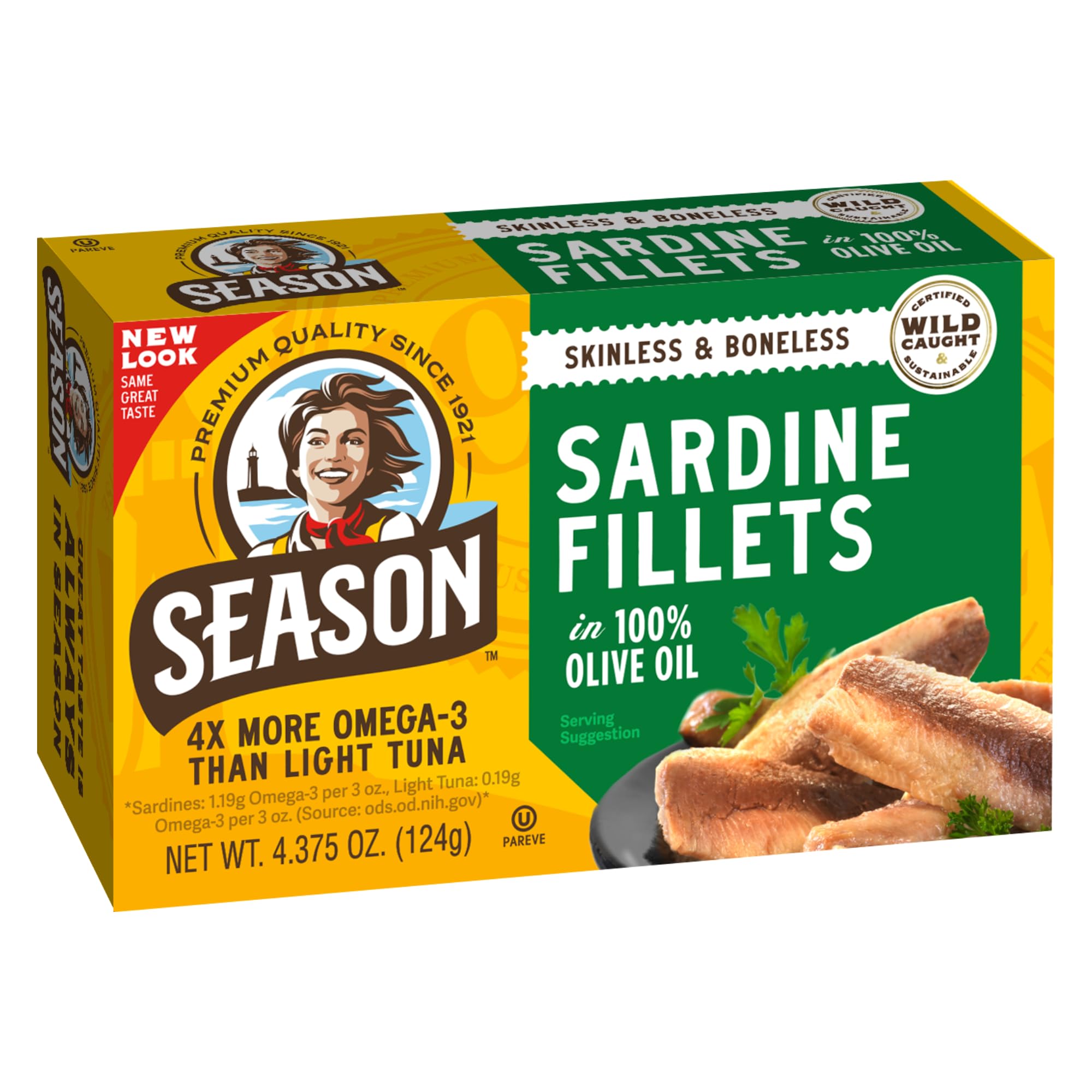 Season Sardines in Olive Oil - Skinless & Boneless, Wild Caught, 22g of Protein, Keto Snacks, More Omega 3's Than Tuna, Kosher, High in Calcium, Canned Sardines - 4.37 Oz Tins, 12-Pack