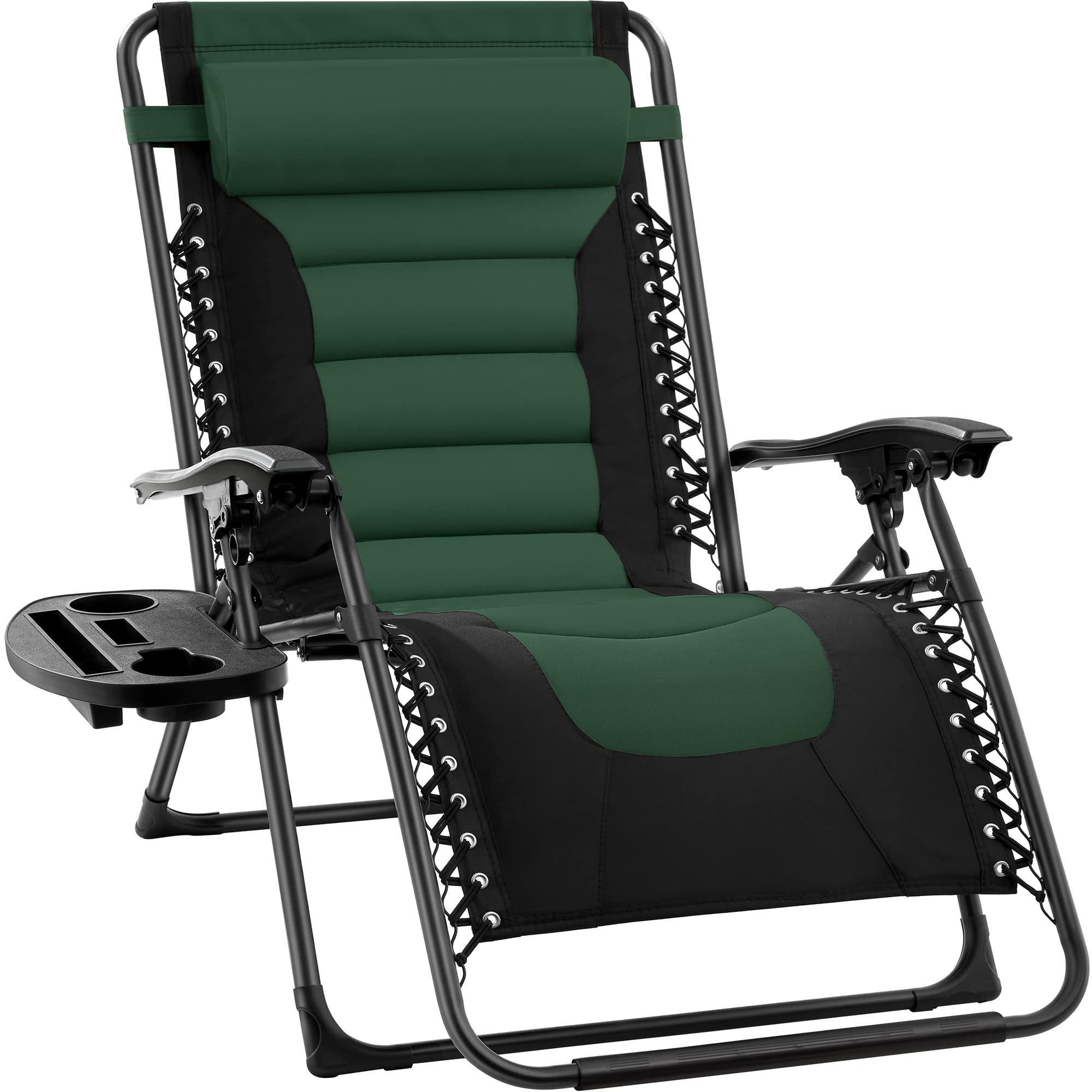 Best Choice Products Oversized Padded Zero Gravity Chair, Folding Outdoor Patio Recliner, XL Anti Gravity Lounger for Backyard w/Headrest, Cup Holder, Side Tray, Polyester Mesh - Black/Forest Green