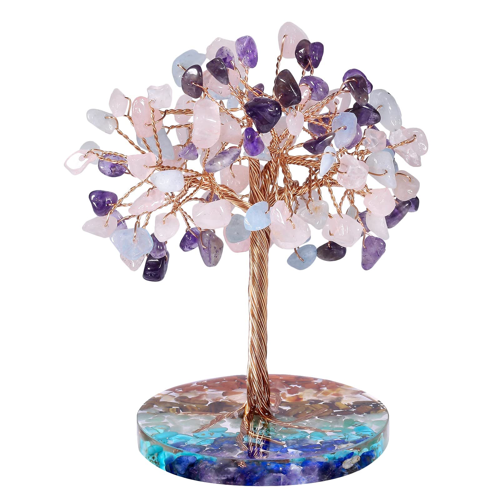 SUNYIK Rose Quartz/Aquamarine/Amethyst Crystal Money Tree Set on 7 Chakra Crystal Chips Orgone Base, Healing Chakra Tree of Life Crystal Bonsai Tree for Wealth and Luck 4.-4.6"