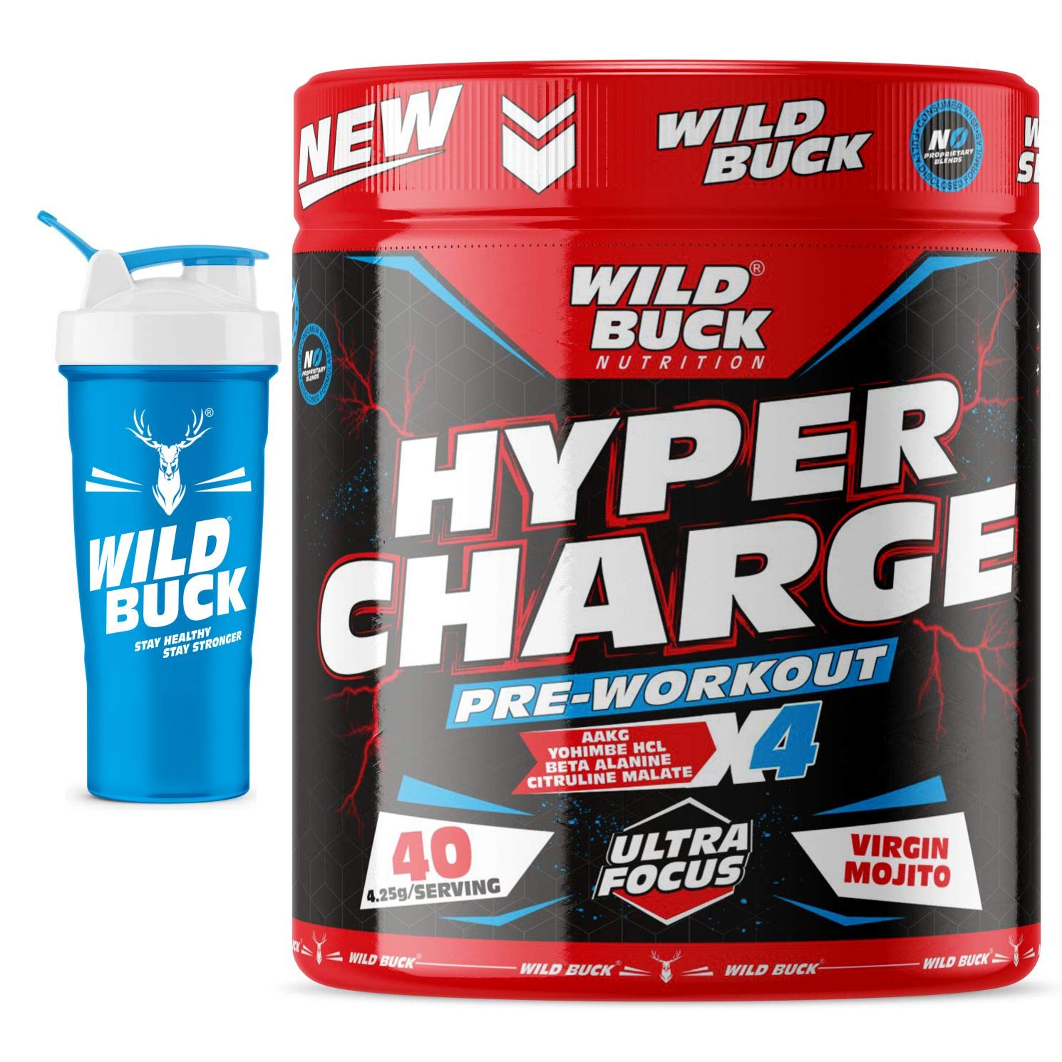 WILD BUCK Hyper Charge Pre-X4 Hardcore Pre-Workout Supplement Powder with Creatine Monohydrate, Arginine AAKG, Beta-Alanine, Explosive Muscle Pump-For Men,Women [40 Servings,Virgin Mojito] Free Shaker