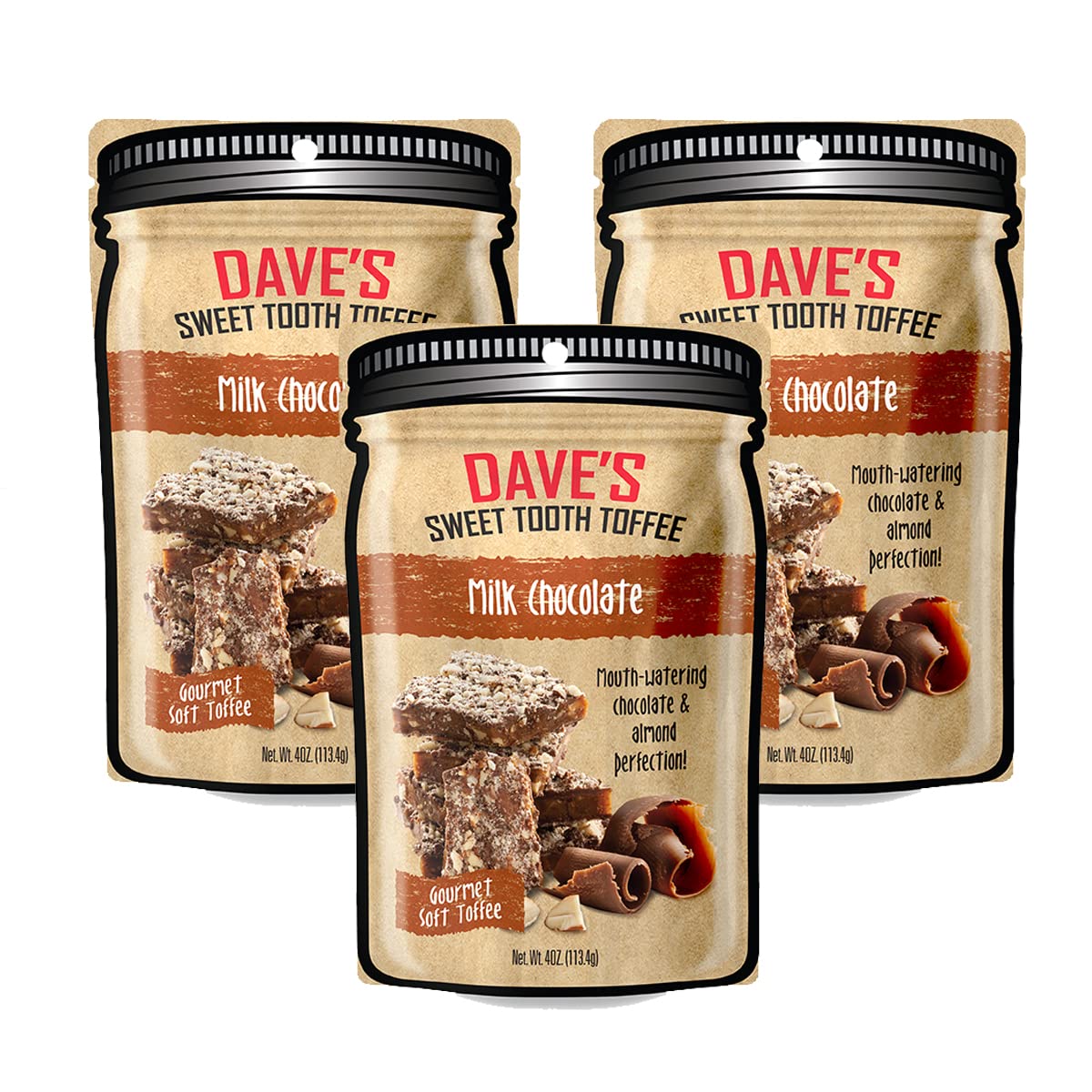 Dave's Sweet ToothToffee - Milk Chocolate Toffee Gift Set (4 oz. x 3) - Homemade & Handmade Chocolate Gourmet Soft Toffee with Real Butter, Real Sugar, Hand-Sliced Almonds, Naturally Gluten-Free