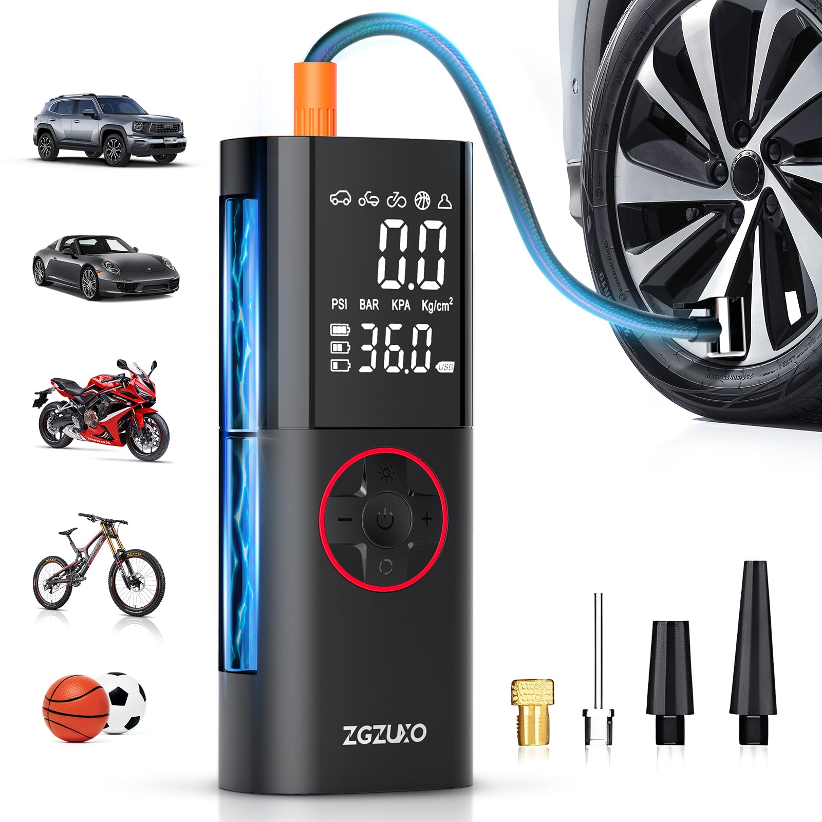 Tire Inflator Portable Air Compressor, Rechargeable Air Pump for Car Tires, 150PSI Portable Tire Inflator for Car, Cordless Bike Tire Pump with Pressure Gauge, LCD Dual Screen, Motorcycle Pump