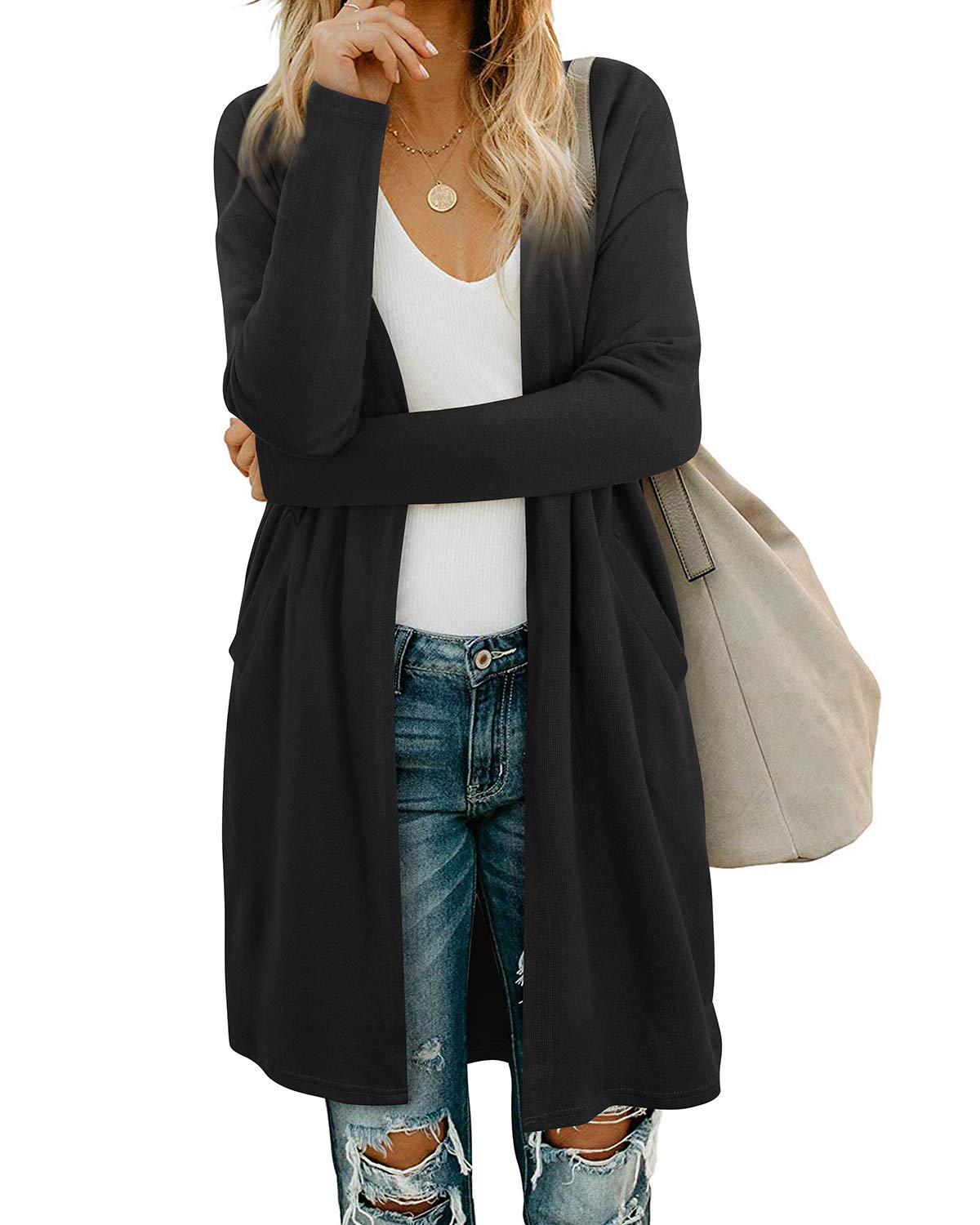 OUGESWomen's Open Front Cardigan Shirt with Pockets Long Sleeve Lightweight Coat