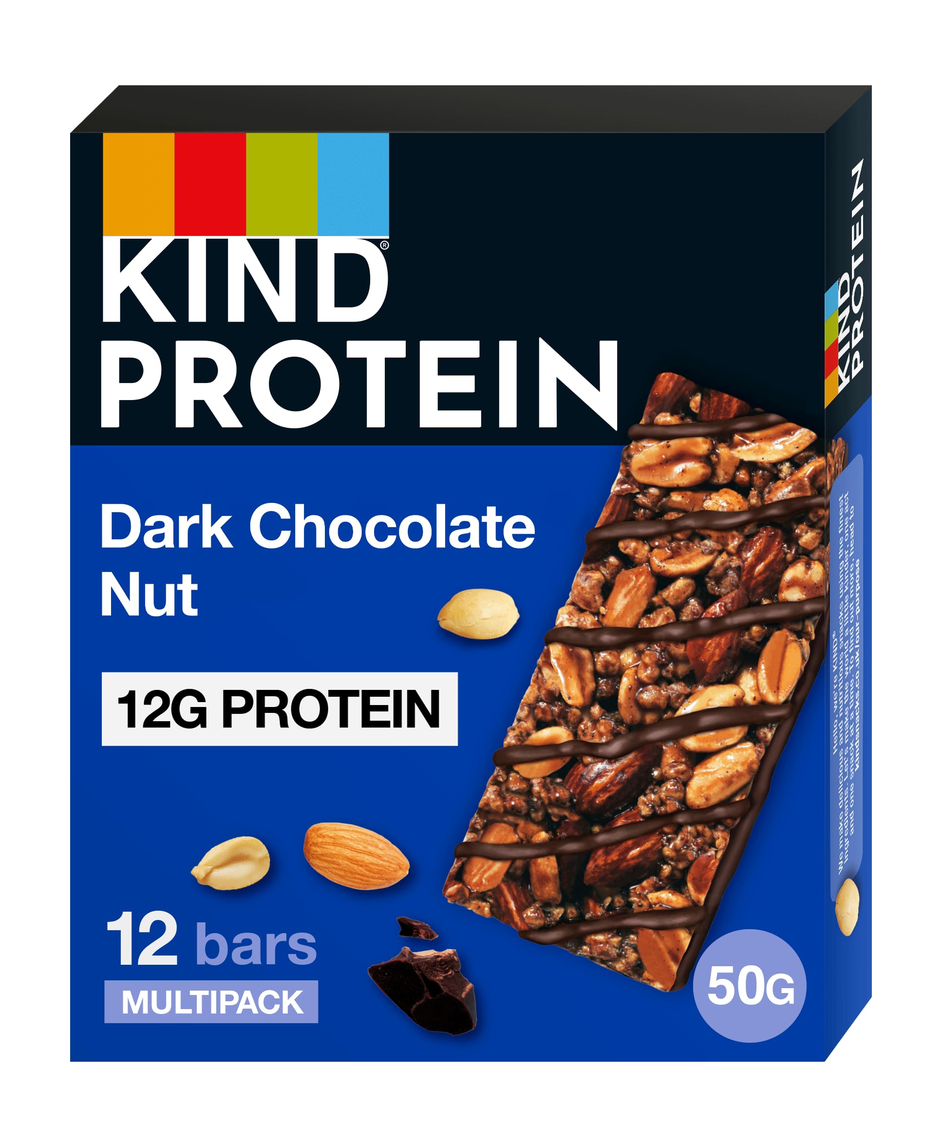 KIND Protein Bars, Gluten Free Snack Bars, Dark Chocolate Nut, High Fibre, Healthy Snack, Source of Protein, No Artificial Colours, Flavours or Preservatives, Multipack 12 x 50g