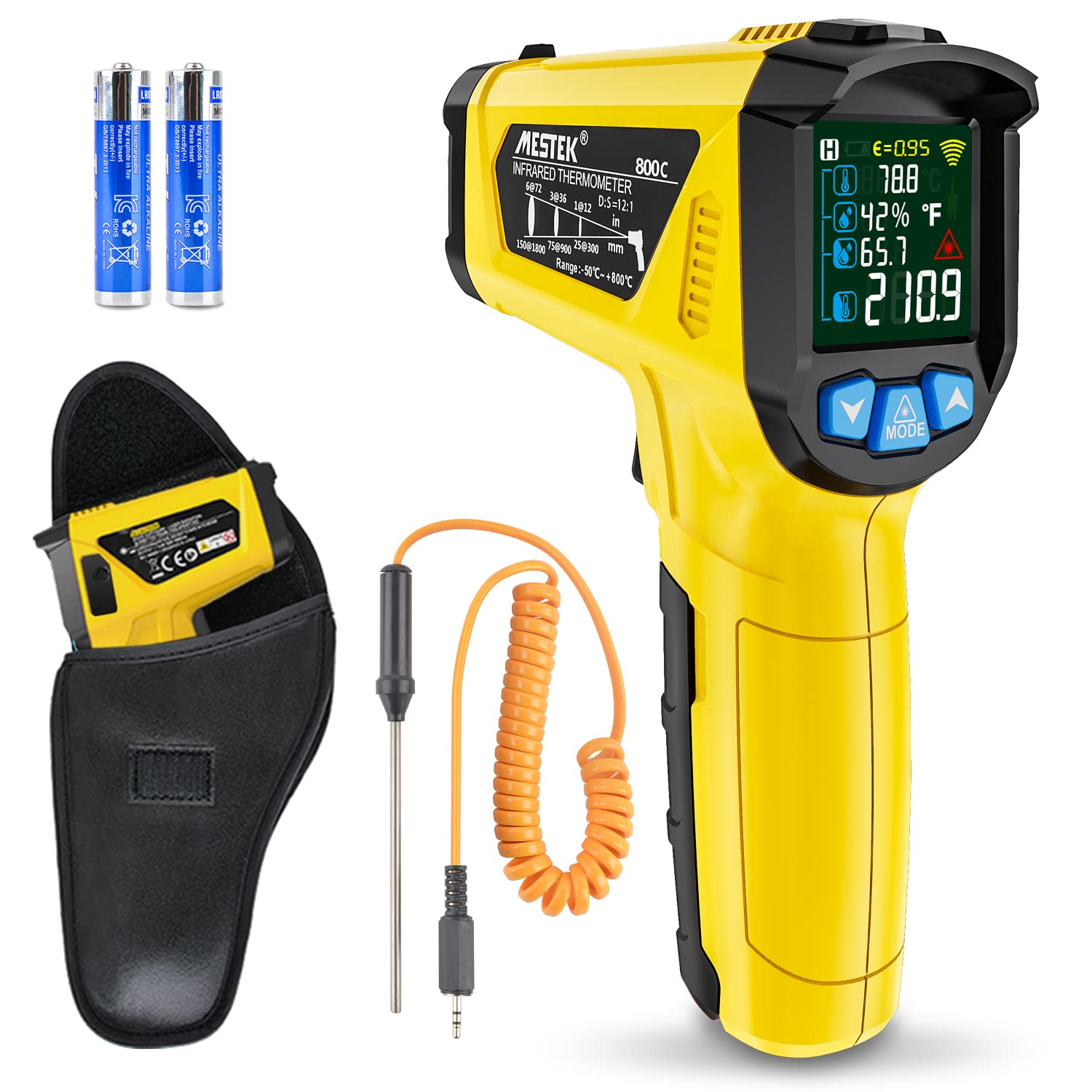 Infrared Thermometer Temperature Gun -58°F~1472°F, MESTEK Digital Laser Thermometer Gun with K Type Thermocouple Probe for Cooking, Pizza Oven, IR Thermometer Temp Gun with Adjustable Emissivity