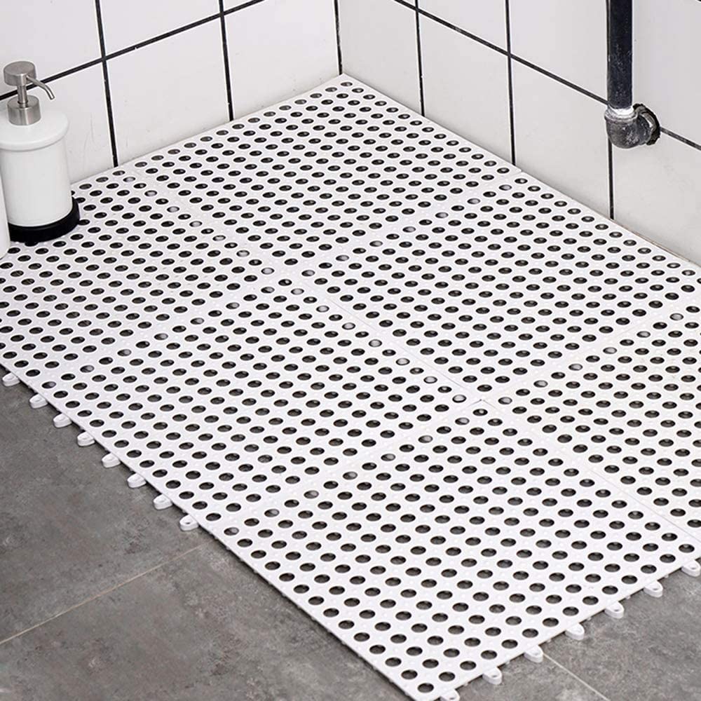 8 pcs Interlocking Soft PVC Non-Slip Tile 11.8" x 11.8" Interlocking Bathroom Floor Mats,Drainage Bath Shower Floor Mat Kitchen Bath Tub Toilet Drain Pool Patio Boat Wet Area Rug,White (White)