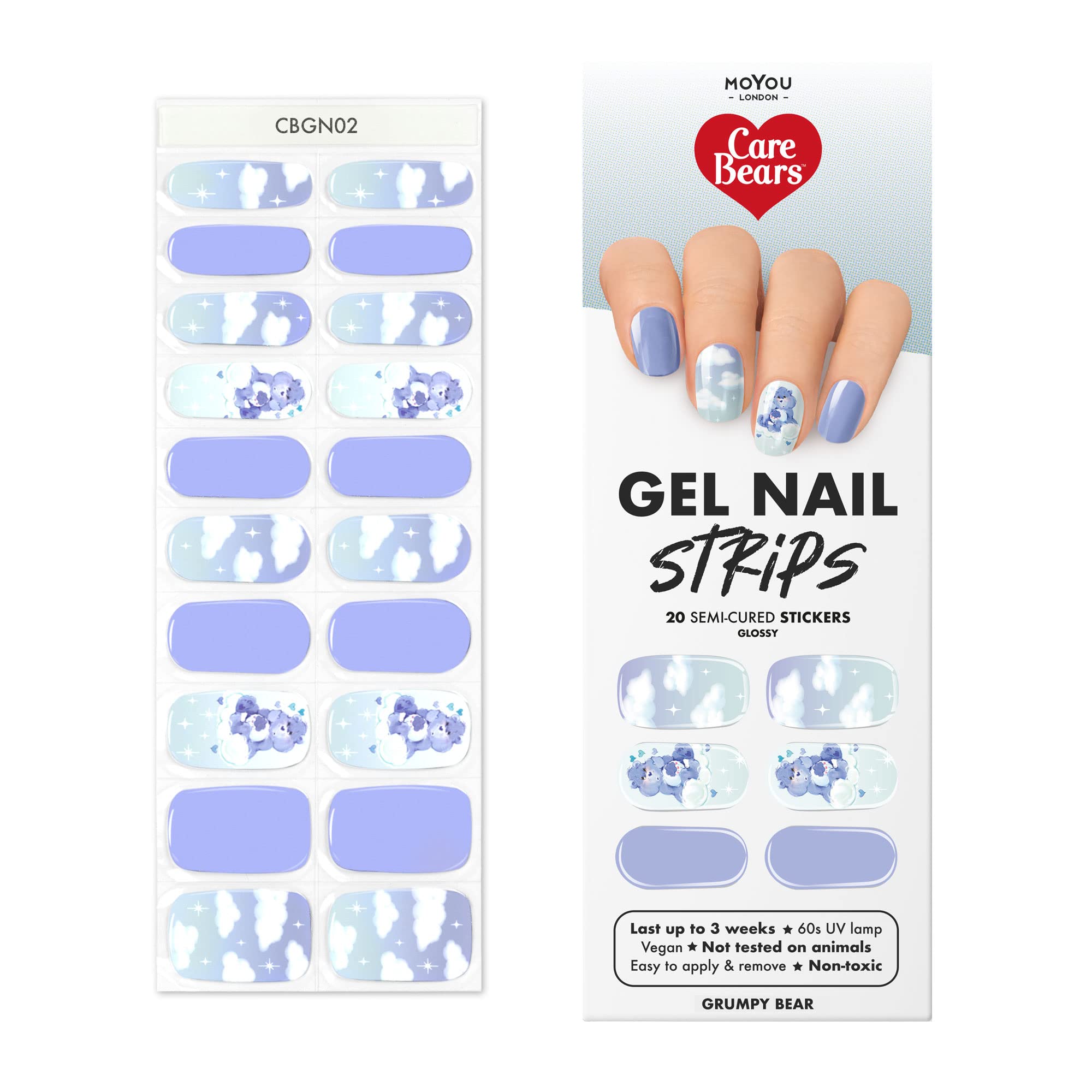 MOYOU LONDON Semi Cured Gel Nail Strips, 20 Pc. Gel Wraps for Nails, Easy Apply & Remove for Salon-Quality Manicure - Bed Time Bear