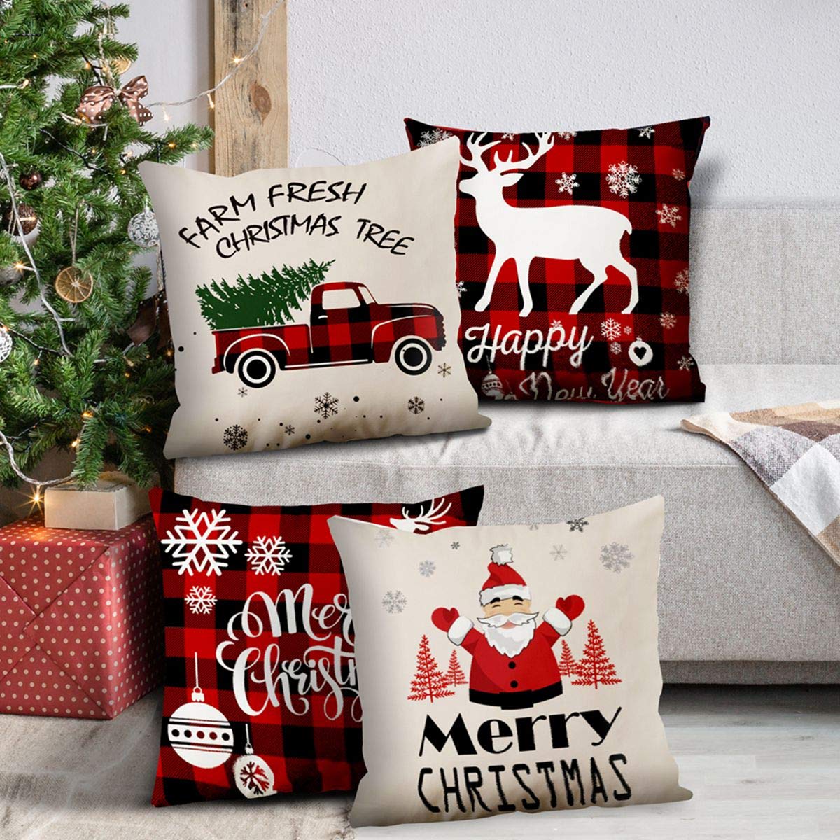 Menghao 4PCS Christmas Pillow Covers Pillow Cases Santa 18 x 18 Inch Deer Decorative Pillow Cases