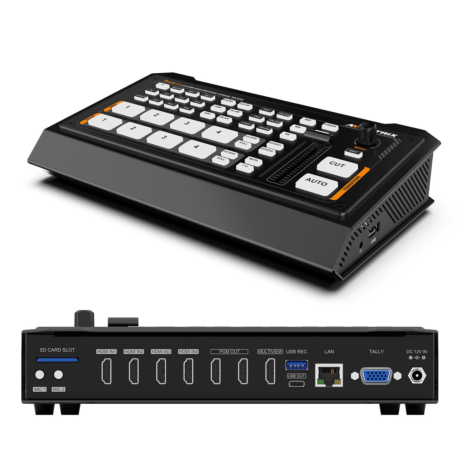 AVMATRIX Shark H4 4CH HDMI Inputs Multi Format Video Switcher with USB and SD Card Record, Ethernet and USB Outputs for Real Time Live Streaming, Tel-Medical Tel-Conference