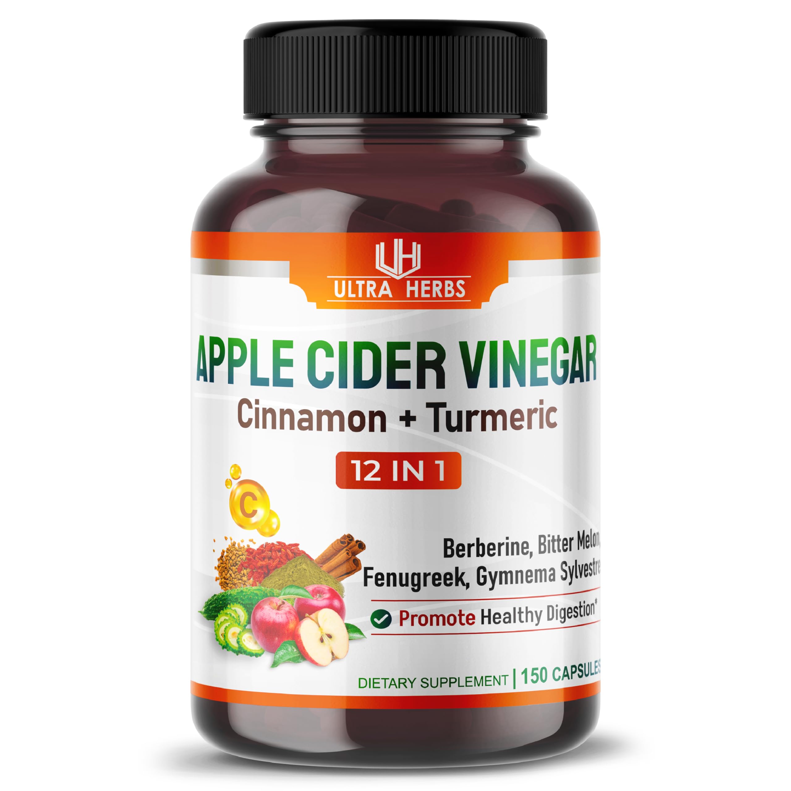 Organic Apple Cider Vinegar Capsules Enhanced with Cinnamon, Turmeric - Ultra Supplement for Digestive, Circulatory, Immunity Support | 150 Capsules