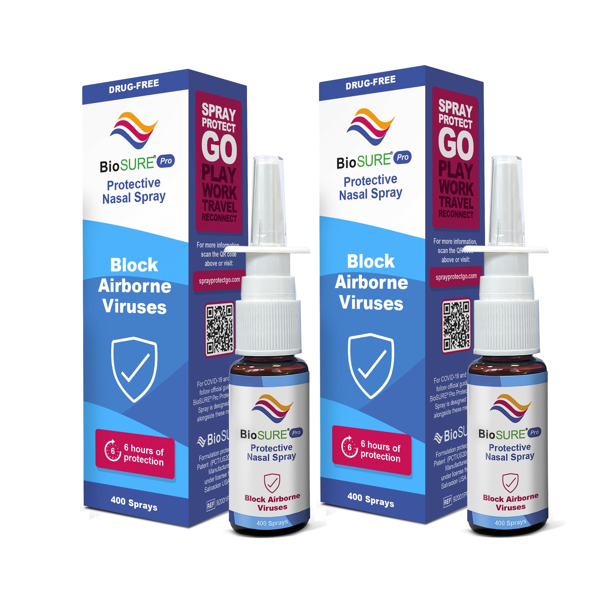 BioSUREPRO Antibacterial & Antiviral Nasal Spray 2 Pack | Clinically Proven Long Lasting & Fast Acting | Natural Drug Free Barrier Blocks Colds & Flu Before They Start