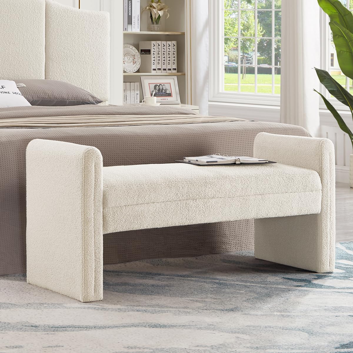 24KF Modern Boucle Teddy Lovely Bench, Upholstered Bed Bench Entryway Bench Ottoman with Armrest 5062-Cream