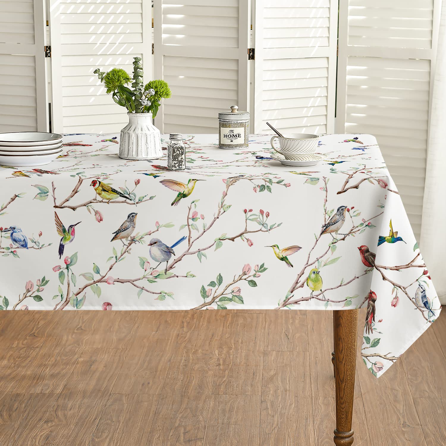 Horaldaily Spring Summer Tablecloth 60x120 Inch Rectangular, Birds Branch Floral Table Cover for Party Picnic Dinner Decor