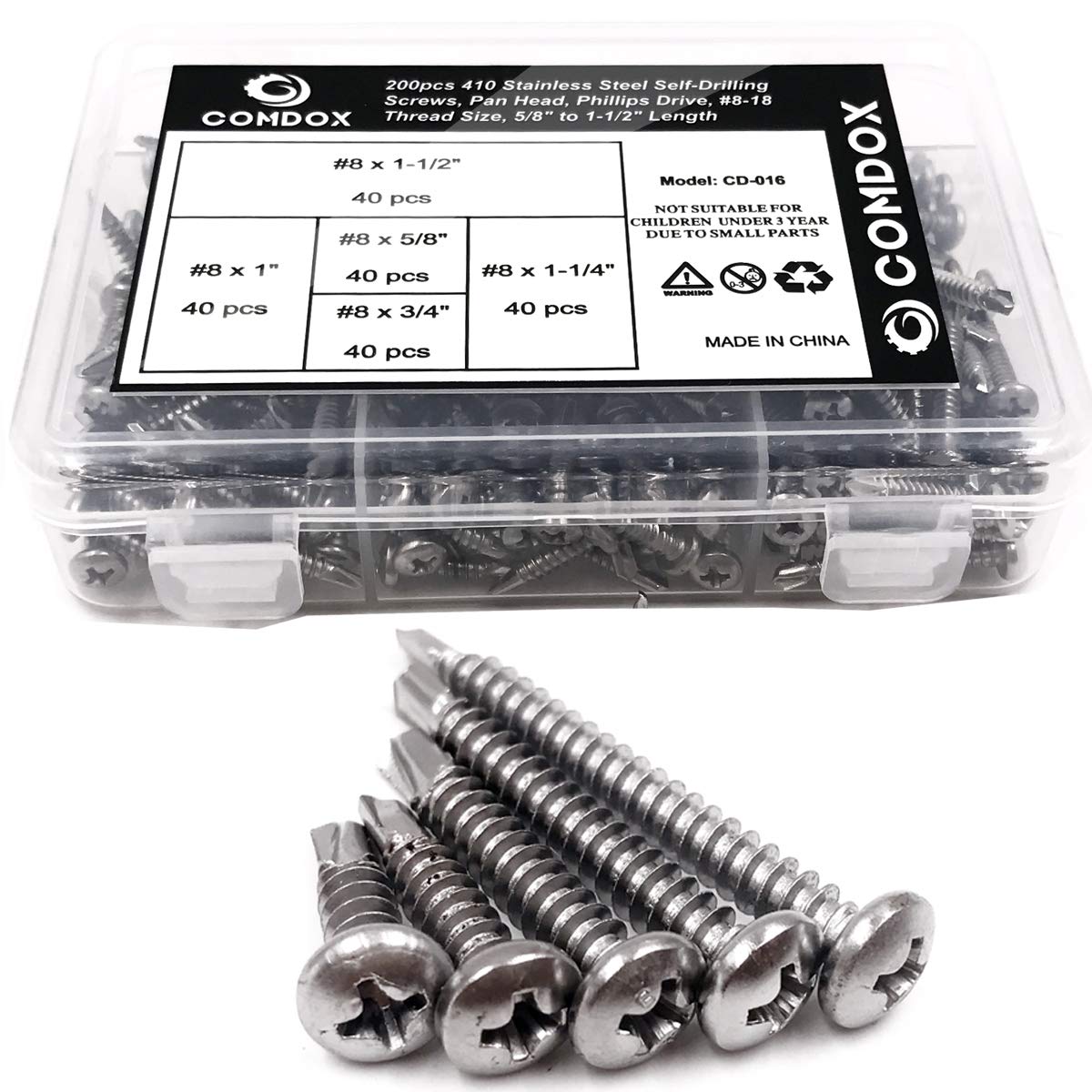 Comdox 410 Stainless Steel Self Drilling Screws Kit Set, Pan Head Phillips Sheet Metal Tek Screws Assortment Kit, Modified Truss Head, 8-18 Thread Size, 5/8" to 1-1/2" Length (Pack of 200)