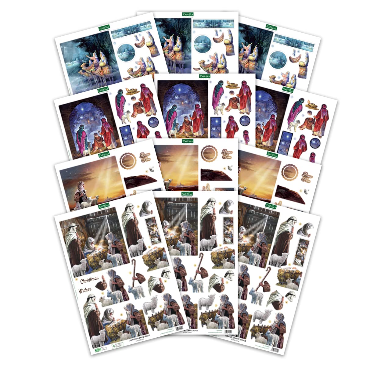 Katy Sue Nativity Die-Cut Decoupage Selection Pack. Contains 12 Pre-Cut Die Cut Decoupage Paper Sheets for Christmas Card Making Supplies. 3 Copies Each of 4 Different Nativity Designs