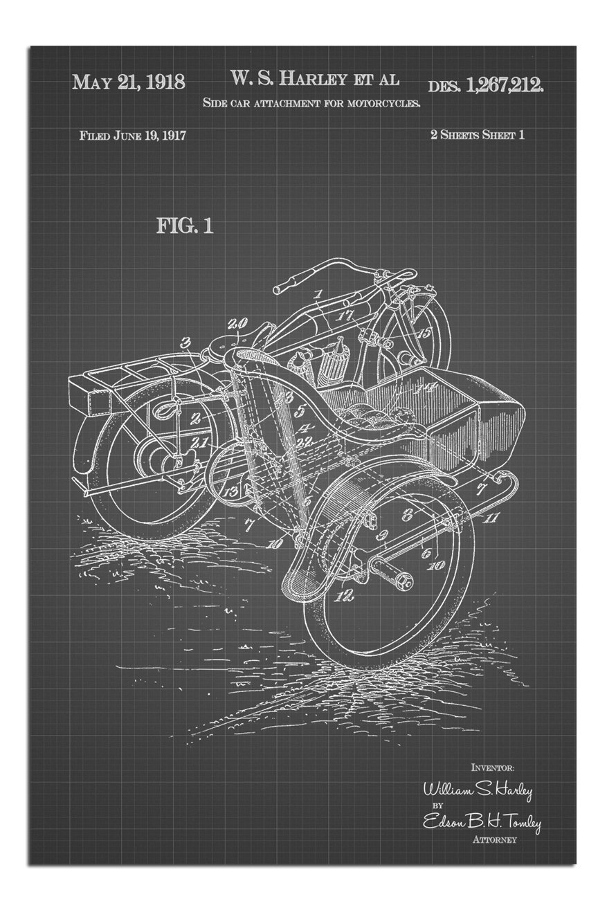 Solvent Free Print PAPMJSG14 Motorcycle Indian Side Car Vintage Black Grid Poster Patent Art at 36" h by 24" w