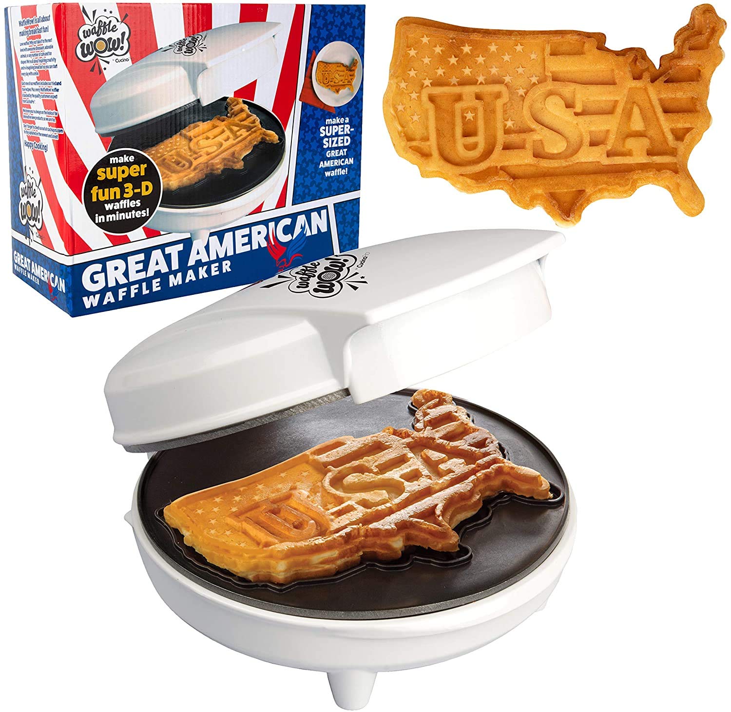 Great American USA Waffle Maker- Make Giant 7.5" Patriotic Waffles or Pancakes w Pride- Electric Nonstick Waffler Iron w America Spirit, Election Debate Party, Includes Recipe Guide, Breakfast Treat