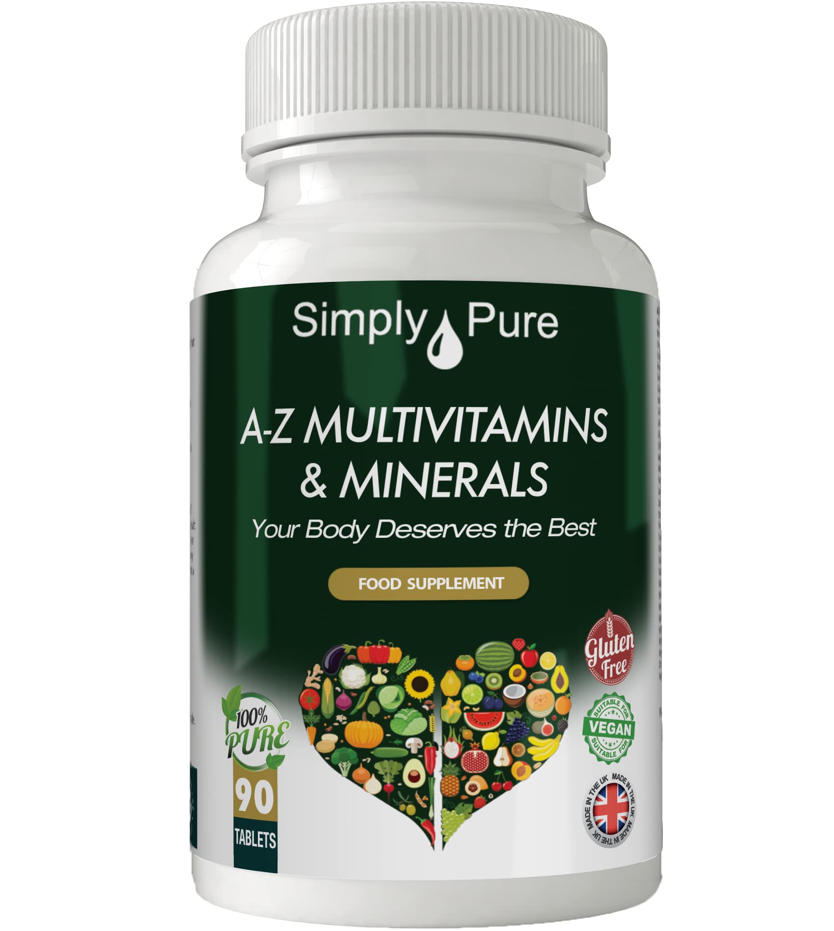 Simply PureA-Z Multivitamins 90 Tablets, Premium High Strength Complex of 30+ Important Vitamins and Minerals, Gluten Free, GM Free, Vegan