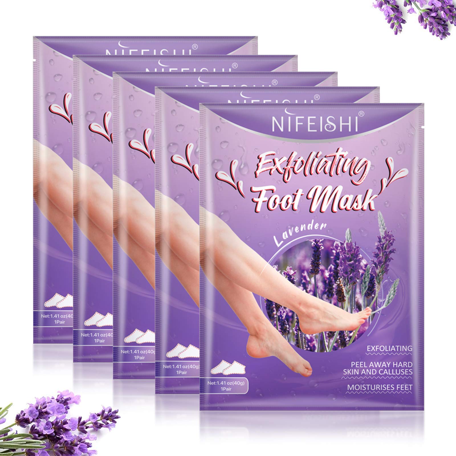 NIFEISHI Foot Peel Mask, (5Pack) Exfoliating Feet Peeling Masks Off Callus Dead Skin, Repair Rough Heels in 1-2 Weeks, Smooth Touch Baby Soft Feet for Men & Women(Lavender)