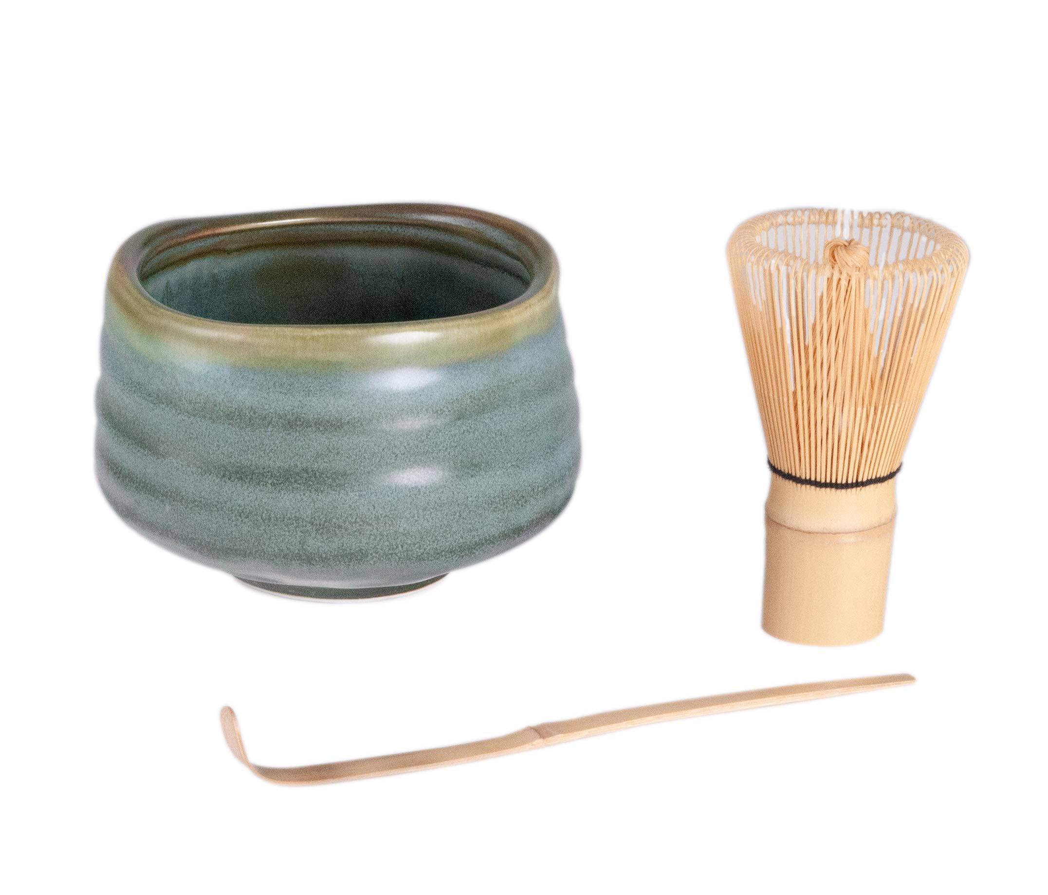 Fuji Merchandise Japanese Chasen Green Tea Bamboo Matcha Chasen Whisk Scoop and 21 fl oz Reactive Glaze Porcelain Matcha Bowl 3 Piece Gift Set