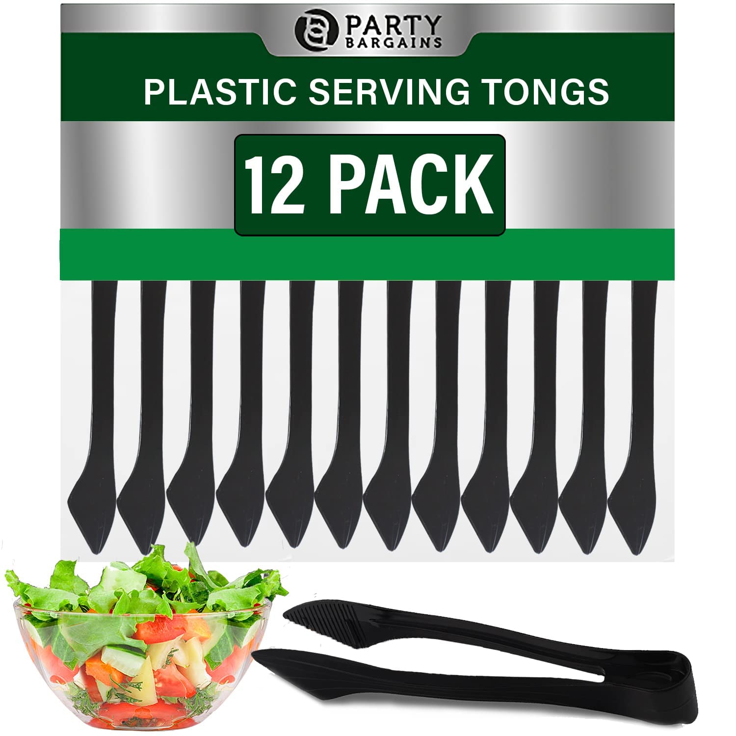 PARTY BARGAINS 8.5 Inches Plastic Serving Tongs, 12 Pack, Premium Quality & Heavy-Duty Black Plastic Tongs for BBQ, Salads, Grilling, Buffets, & Kitchen