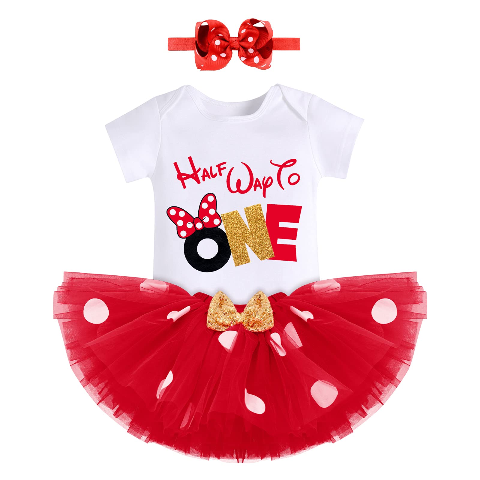 Baby Girls 1st Birthday Outfit Polka Dots ONE Romper Tutu Skirt Mouse Ears Headband Cake Smash Costume for Photo Shoot