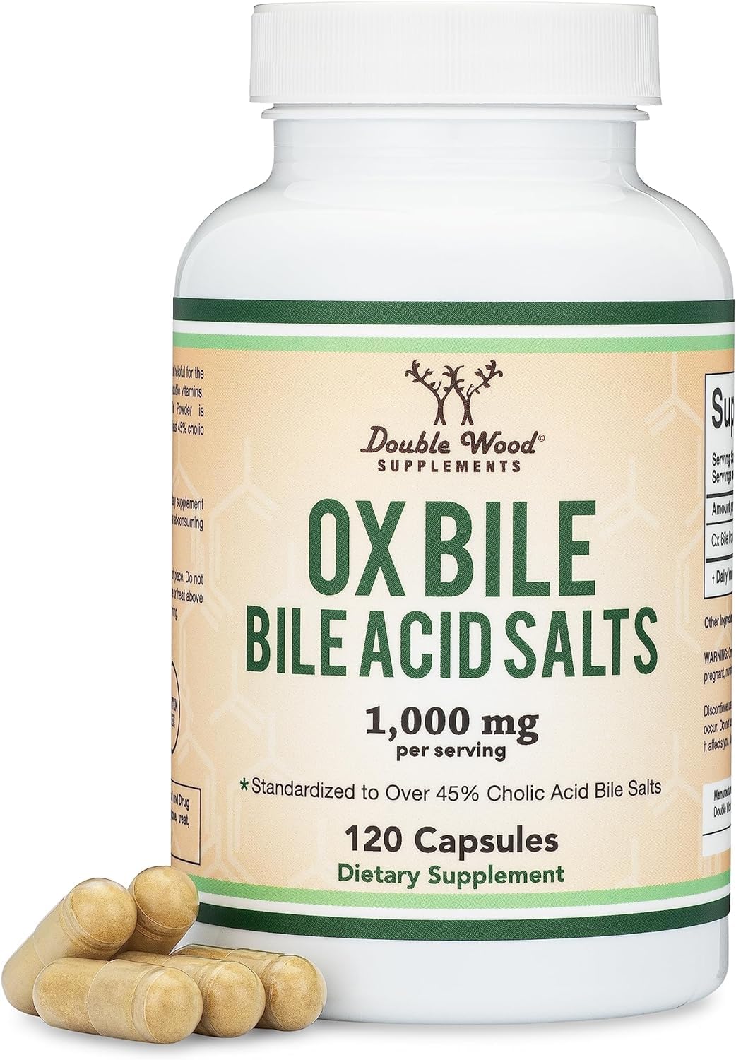 OX BILE SUPPLEMENT FOR NO GALLBLADDER (1,000MG PER SERVING, 500MG PER CAPSULE, 120 CAPSULES) STANDARDIZED TO 45% CHOLIC ACID BILE SALTS TO HELP ADDRESS BILE SALT DEFICIENCIES