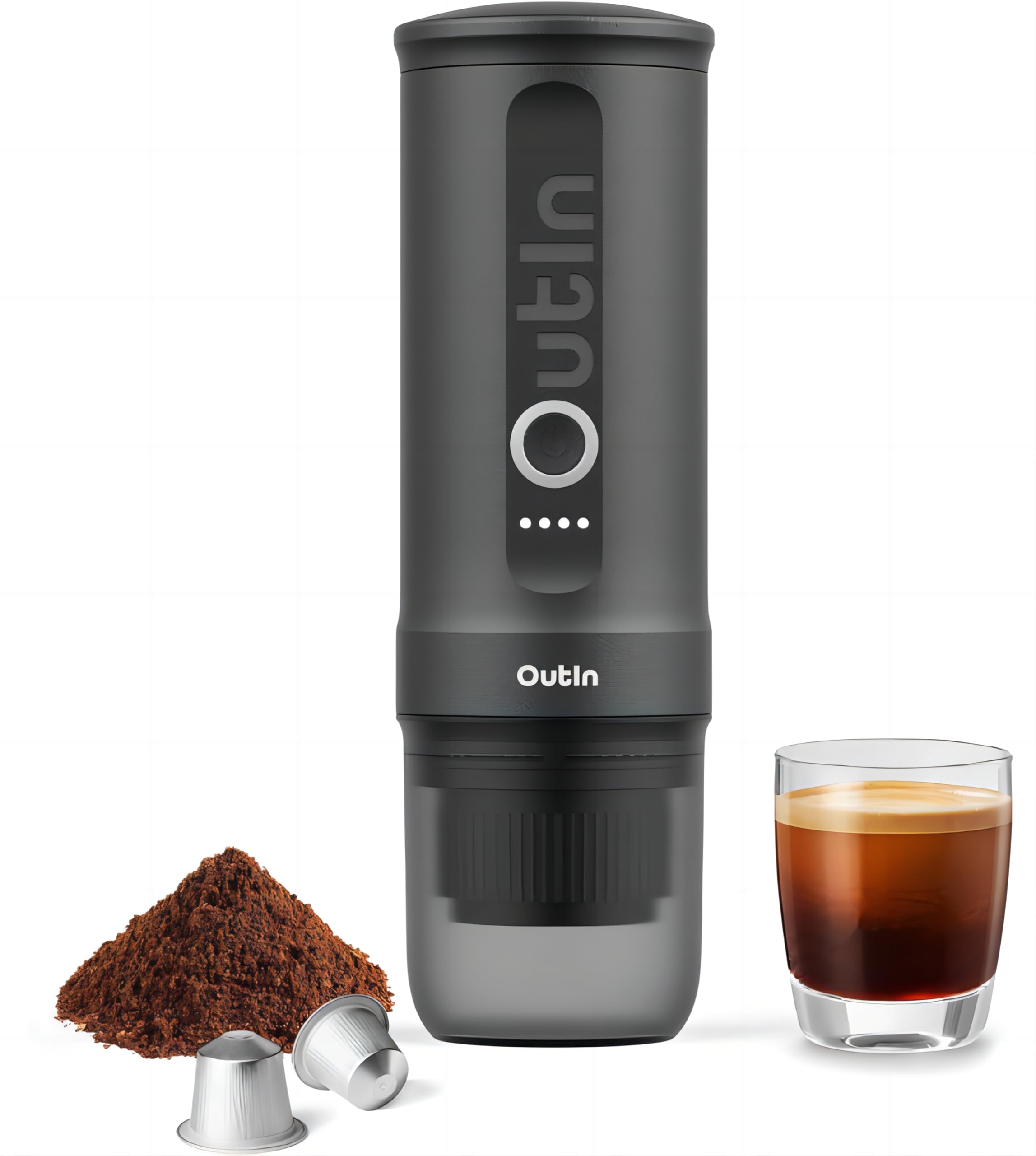 Outin Nano Portable Electric Espresso Machine, Travel Coffee Maker for Camping, Car Coffee Maker Self-Heating with USB-C, With Ground Coffee & NS Capsule for RV, Hiking, Office