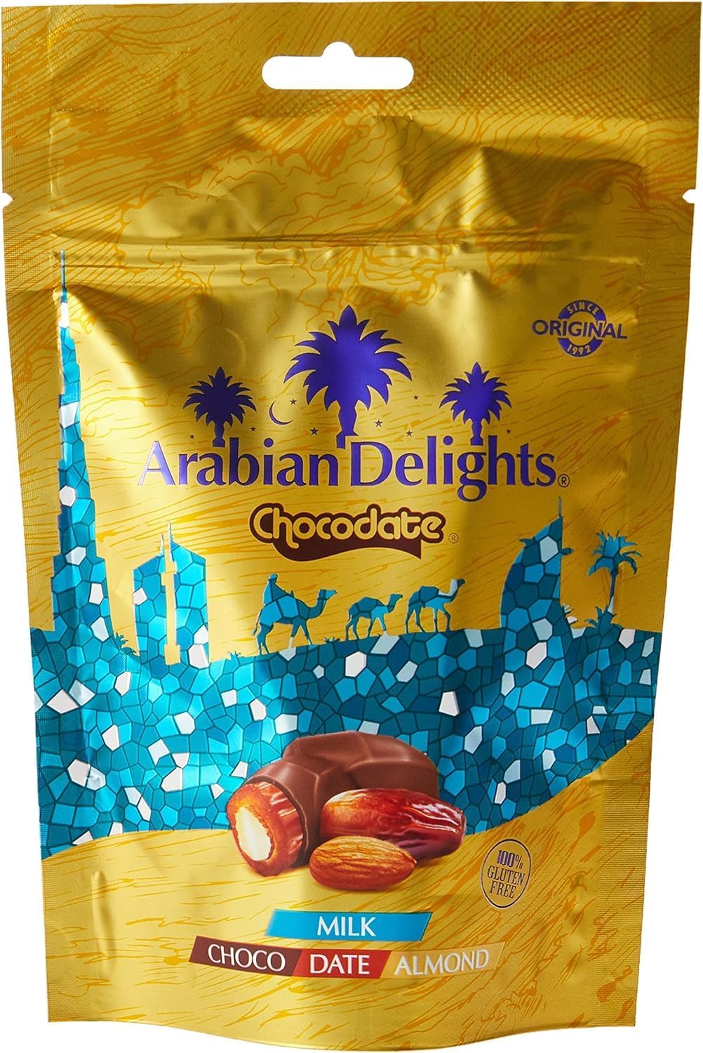 Arabian Delights Milk Chocodate with Almond – 90 gm, Chocolate Coated Bite-Sized Snacks, Stuffed w/Golden Roasted Almonds, Dates Snacks & Sweets [UAE] S